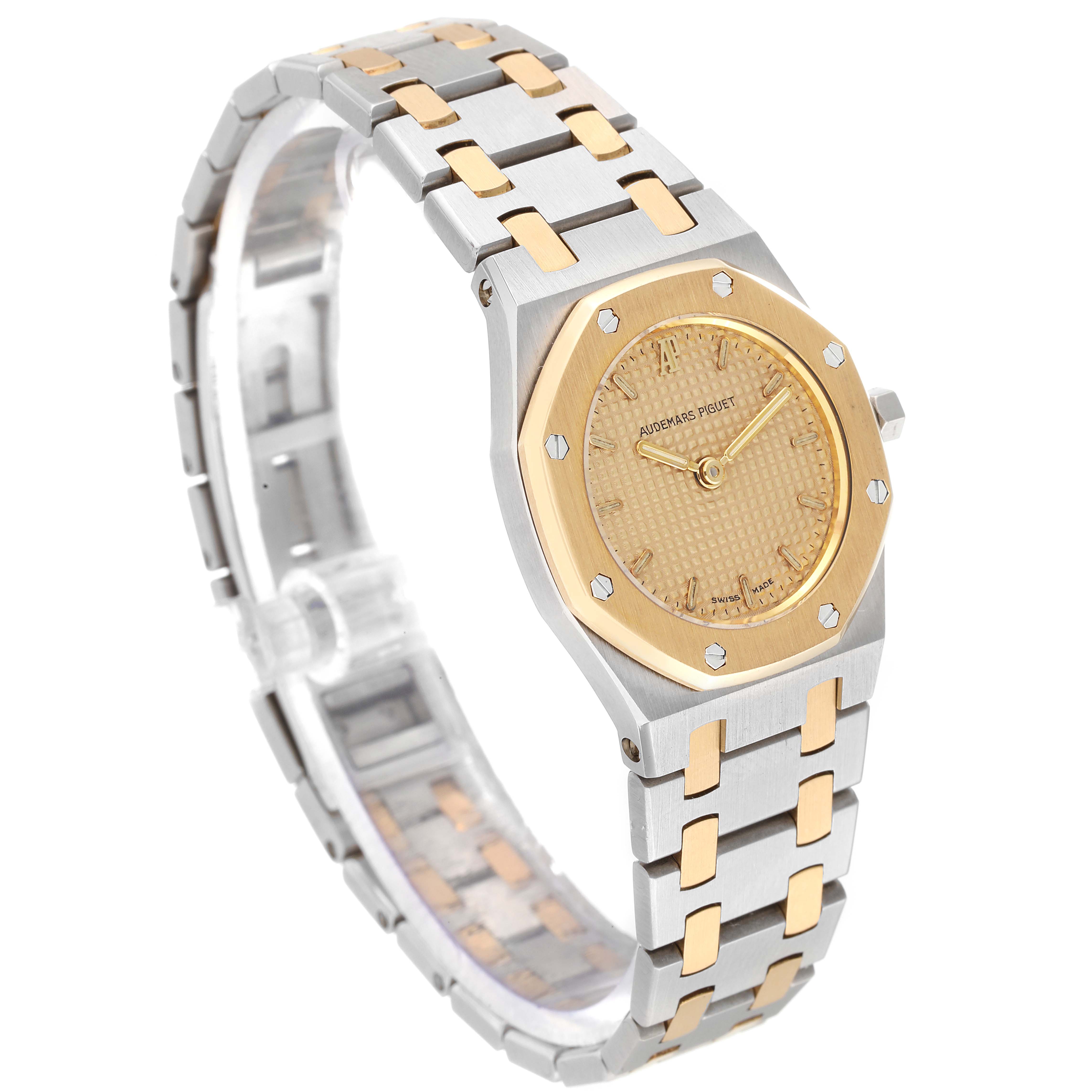 The image shows a Royal Oak model by Audemars Piguet, angled to display the face, bezel, and part of the bracelet.
