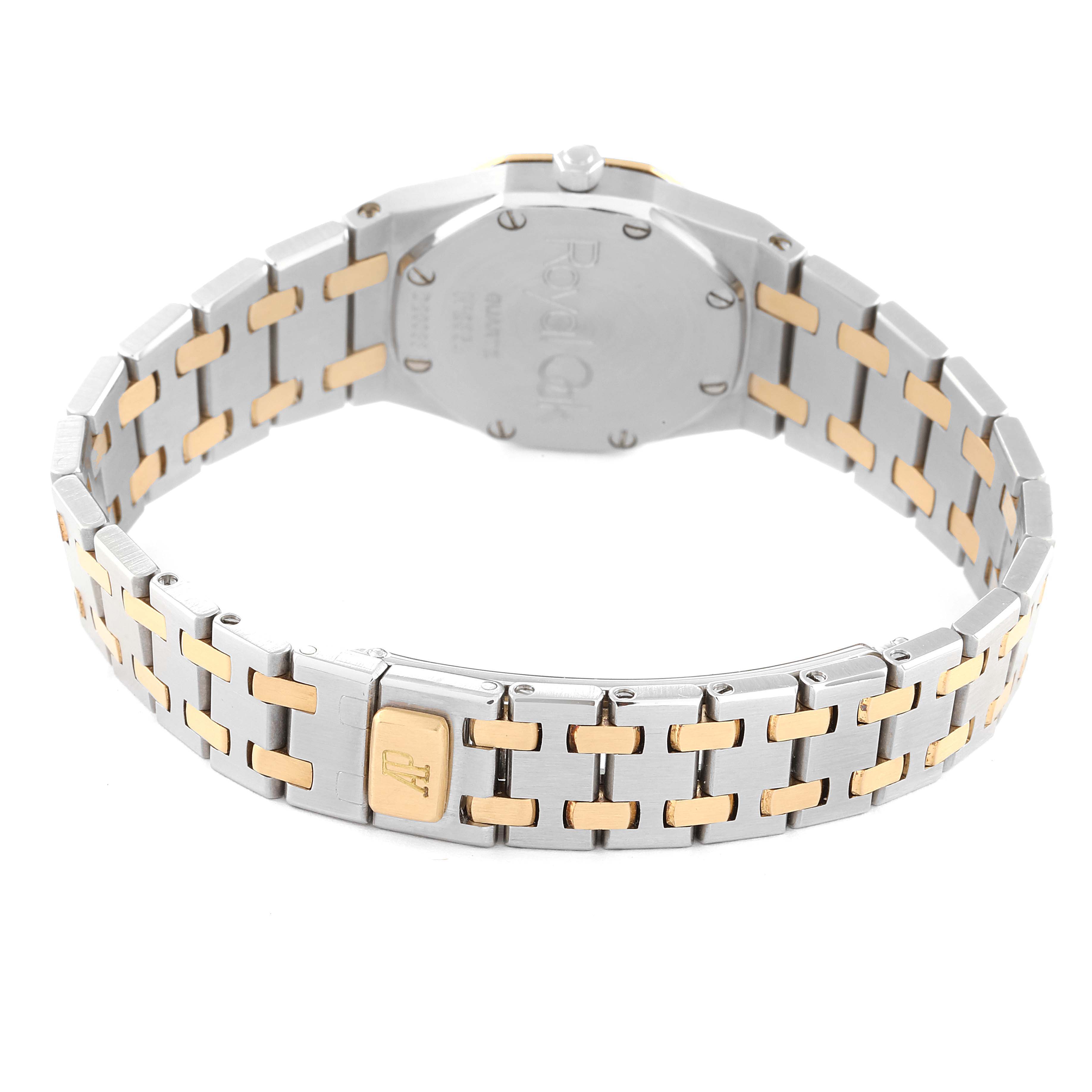 The image shows the back of the Audemars Piguet Royal Oak N2354 Women's Steel and Gold (two tone) Champagne Dial N2354 Women's Steel and Gold (two tone) Champagne Dial watch, highlighting its two-tone bracelet and clasp.