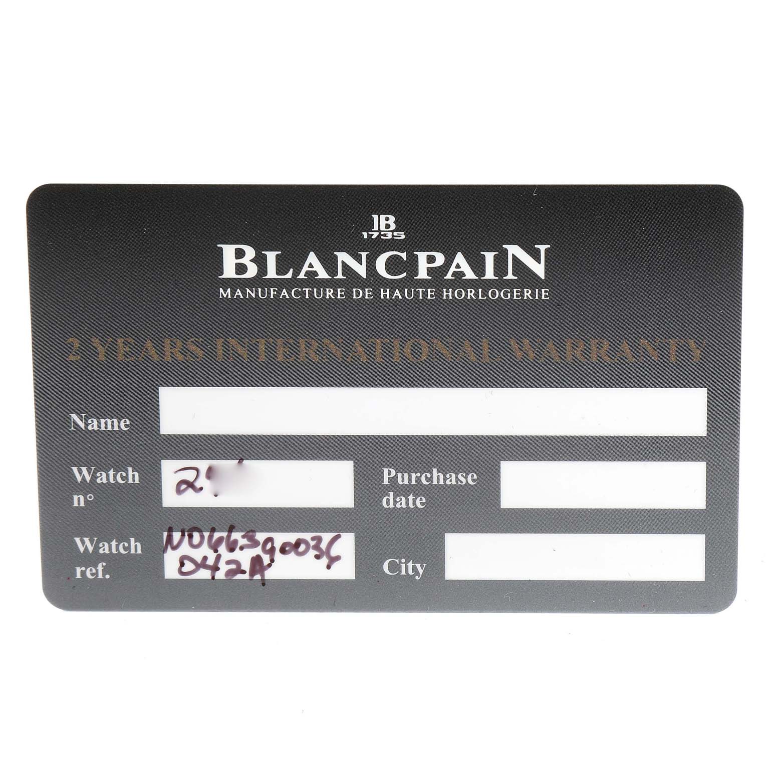This image shows an international warranty card for the Blancpain Villeret 6639-3642-55B Men's Rose Gold Silver Dial 6639-3642-55B Men's Rose Gold Silver Dial model.