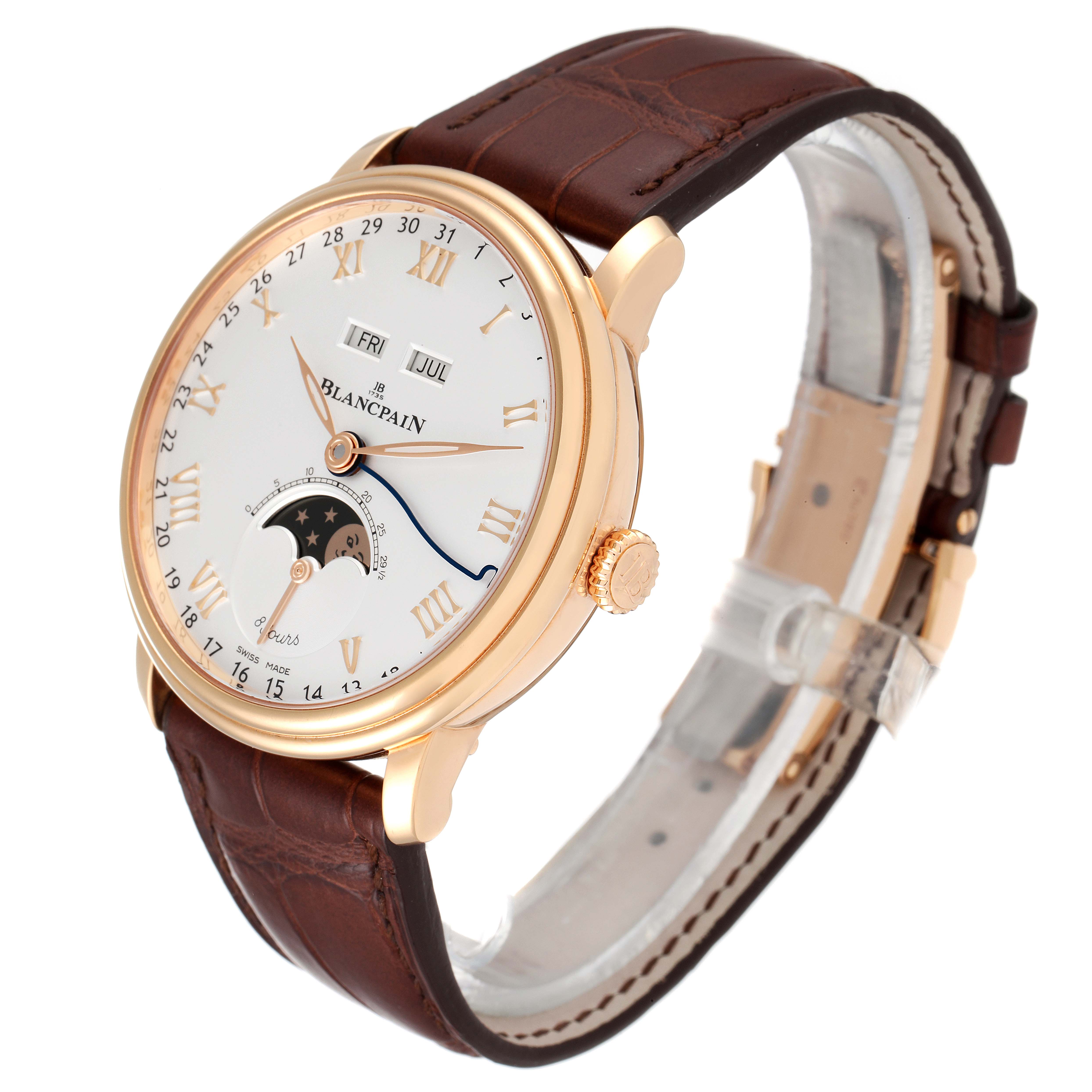 The Blancpain Villeret 6639-3642-55B Men's Rose Gold Silver Dial 6639-3642-55B Men's Rose Gold Silver Dial model is shown at an angle, displaying its face, gold case, crown, and brown leather strap.