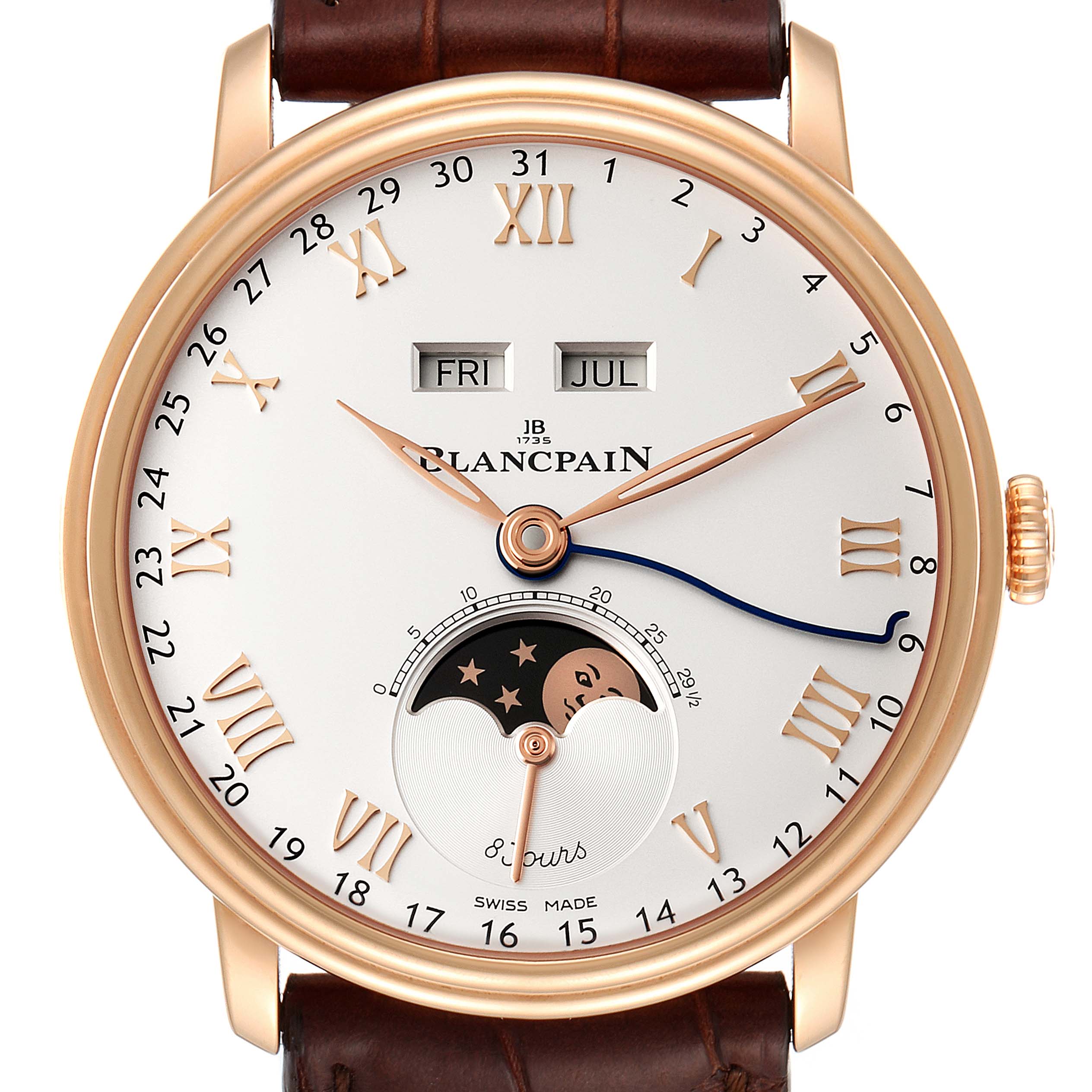 The image shows a close-up front view of the Blancpain Villeret 6639-3642-55B Men's Rose Gold Silver Dial 6639-3642-55B Men's Rose Gold Silver Dial watch displaying the day, month, and moon phase.