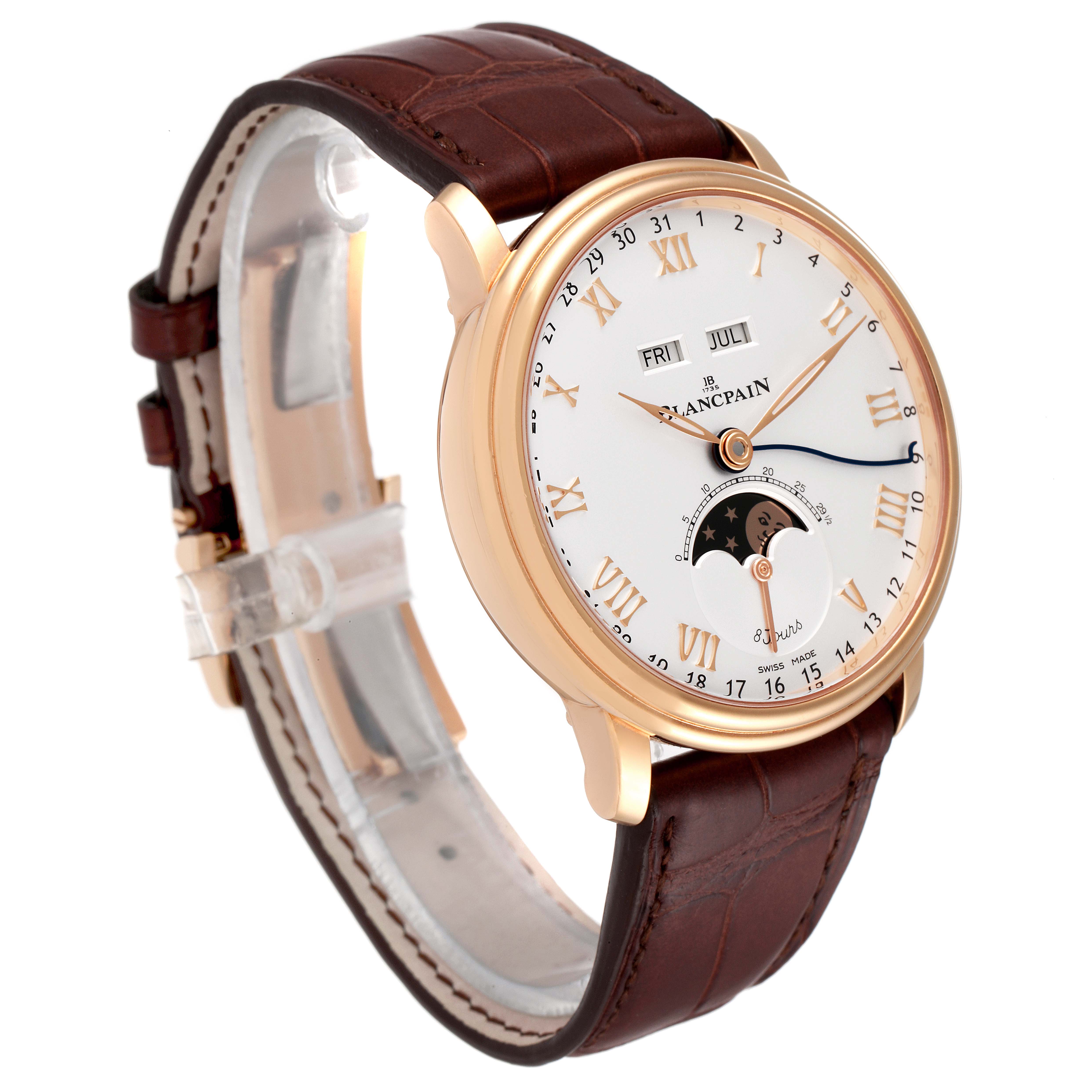 This image shows a side and front view of the Blancpain Villeret 6639-3642-55B Men's Rose Gold Silver Dial 6639-3642-55B Men's Rose Gold Silver Dial watch, highlighting its dial, straps, and case.