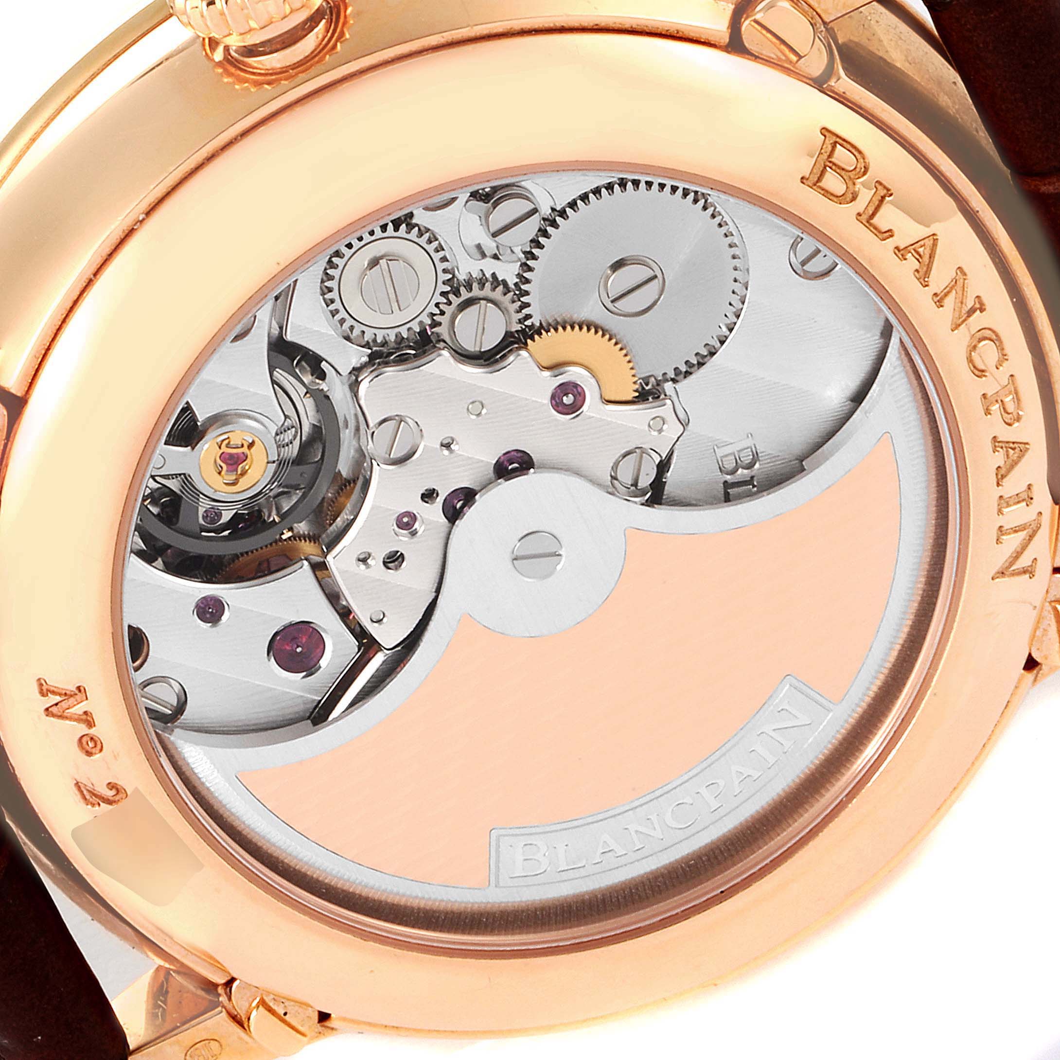 This image shows the back view of the Blancpain Villeret 6639-3642-55B Men's Rose Gold Silver Dial 6639-3642-55B Men's Rose Gold Silver Dial watch, revealing its intricate mechanical movement.