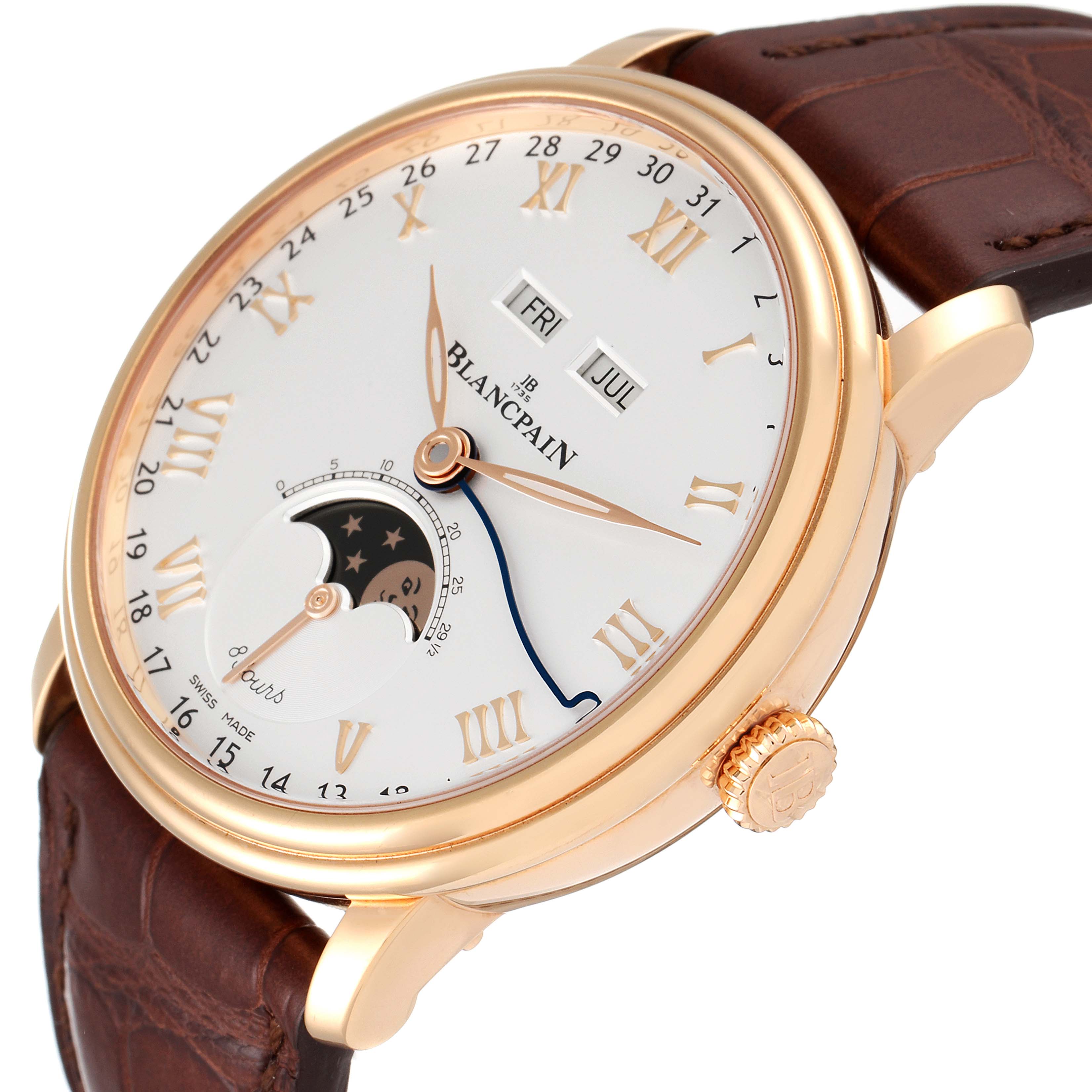 The image shows a side-angle view of a Blancpain Villeret 6639-3642-55B Men's Rose Gold Silver Dial 6639-3642-55B Men's Rose Gold Silver Dial watch featuring its face, crown, gold case, and leather strap.