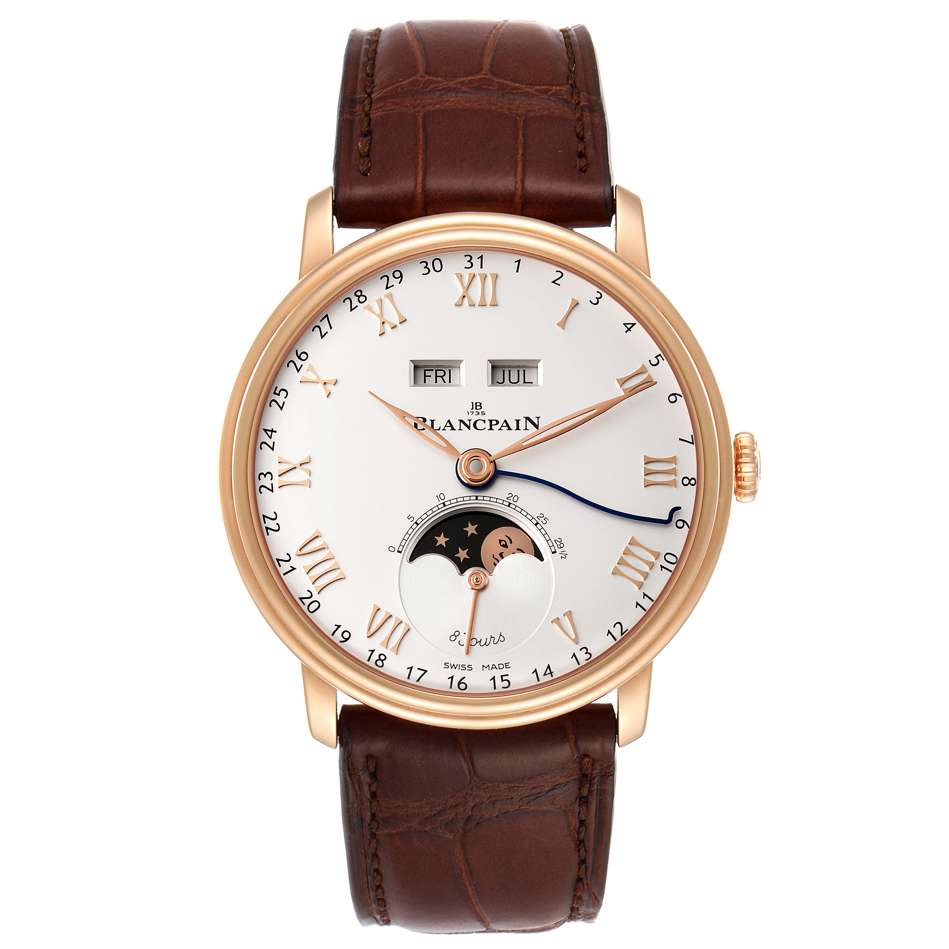 The image shows a front view of a Blancpain Villeret 6639-3642-55B Men's Rose Gold Silver Dial 6639-3642-55B Men's Rose Gold Silver Dial watch with a brown leather strap and a white dial featuring day, date, and moon phase indicators.