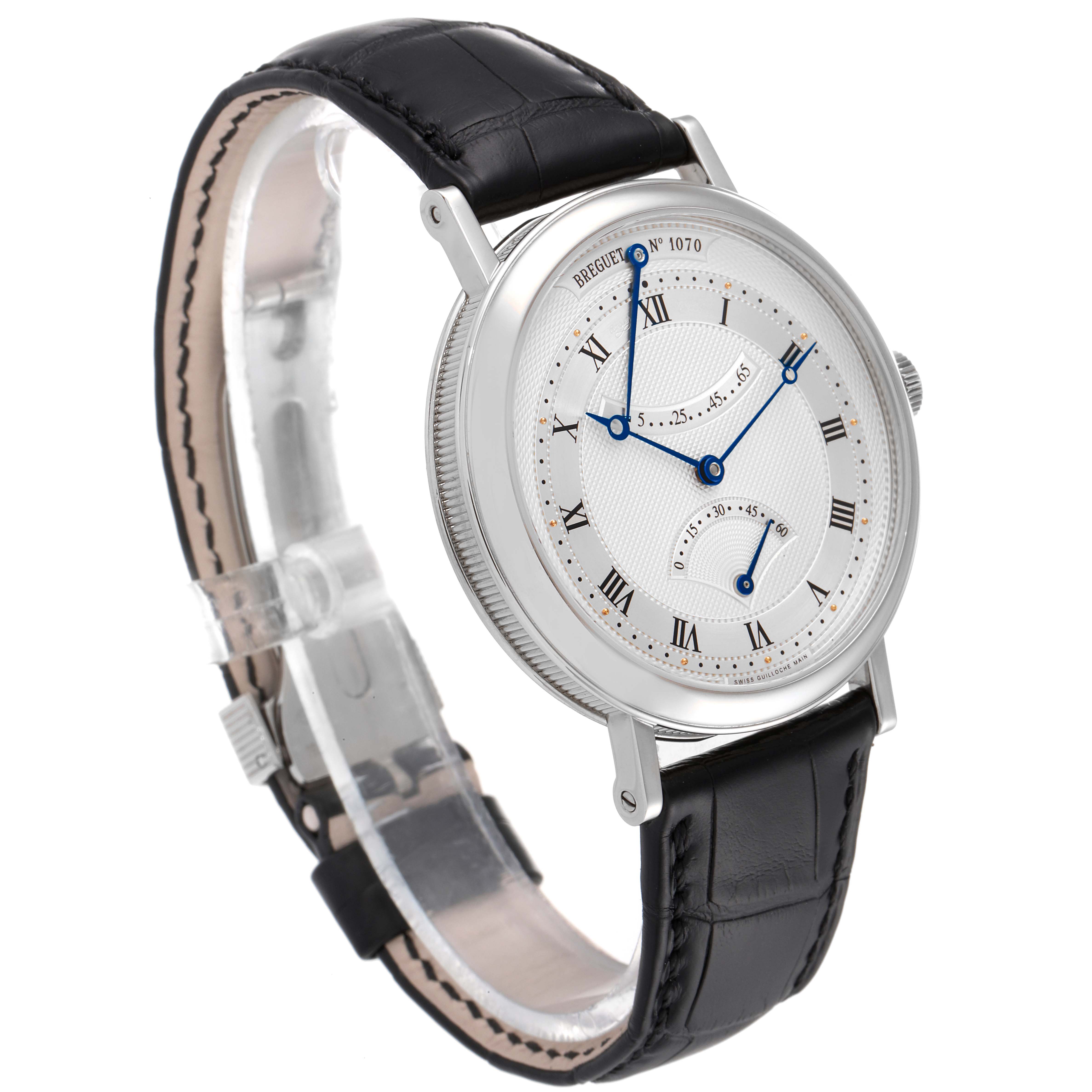 The image shows a Breguet Classique 5207BB/12/9V6 Men's Stainless Steel Silver Dial 5207BB/12/9V6 Men's Stainless Steel Silver Dial watch from an angled side view, highlighting the face, bezel, and leather strap.