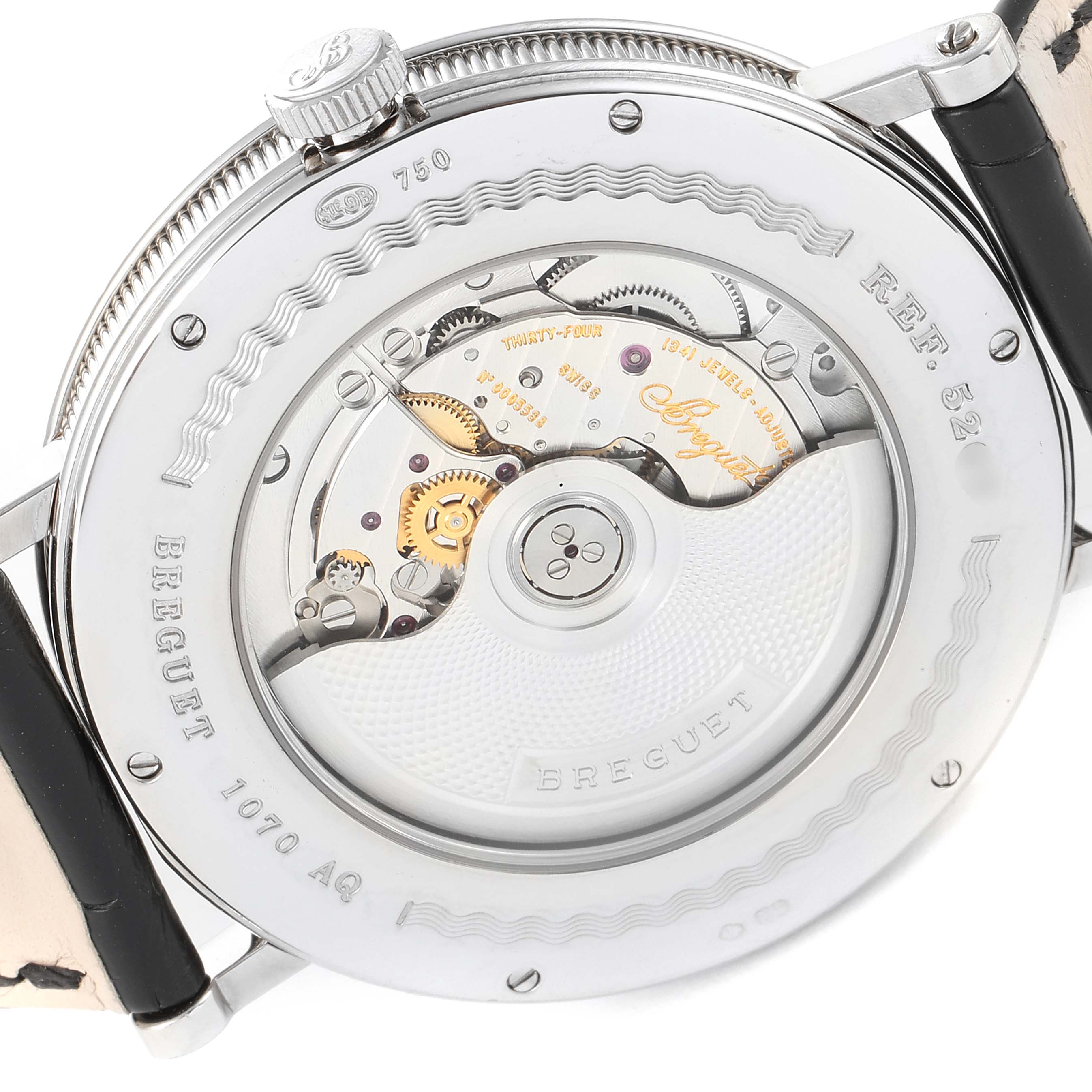 This image shows the back view of a Breguet Classique 5207BB/12/9V6 Men's Stainless Steel Silver Dial 5207BB/12/9V6 Men's Stainless Steel Silver Dial watch, highlighting its intricate mechanical movement.