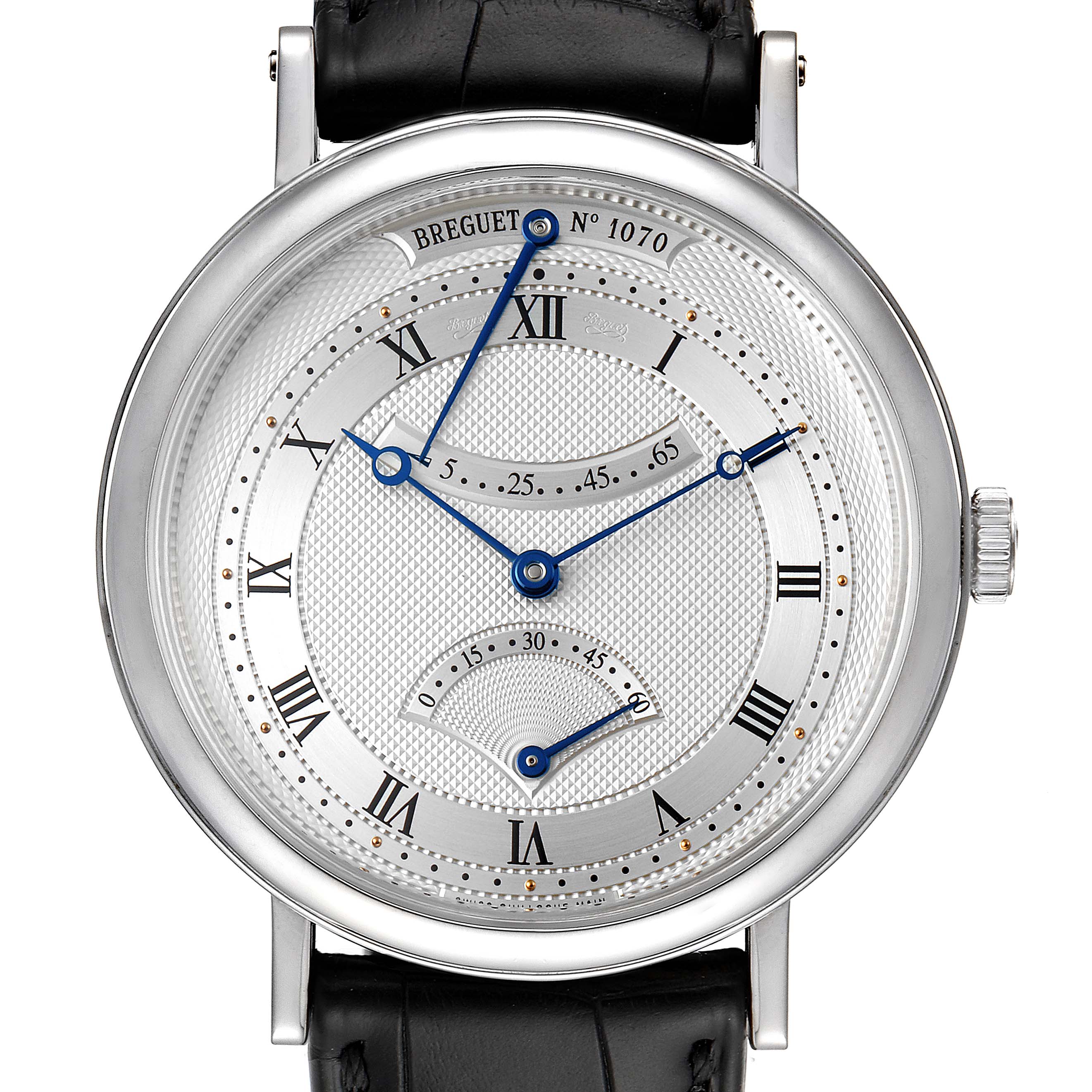 The image shows a frontal view of the Breguet Classique 5207BB/12/9V6 Men's Stainless Steel Silver Dial 5207BB/12/9V6 Men's Stainless Steel Silver Dial watch, displaying its dial, Roman numerals, blue hands, and black leather strap.