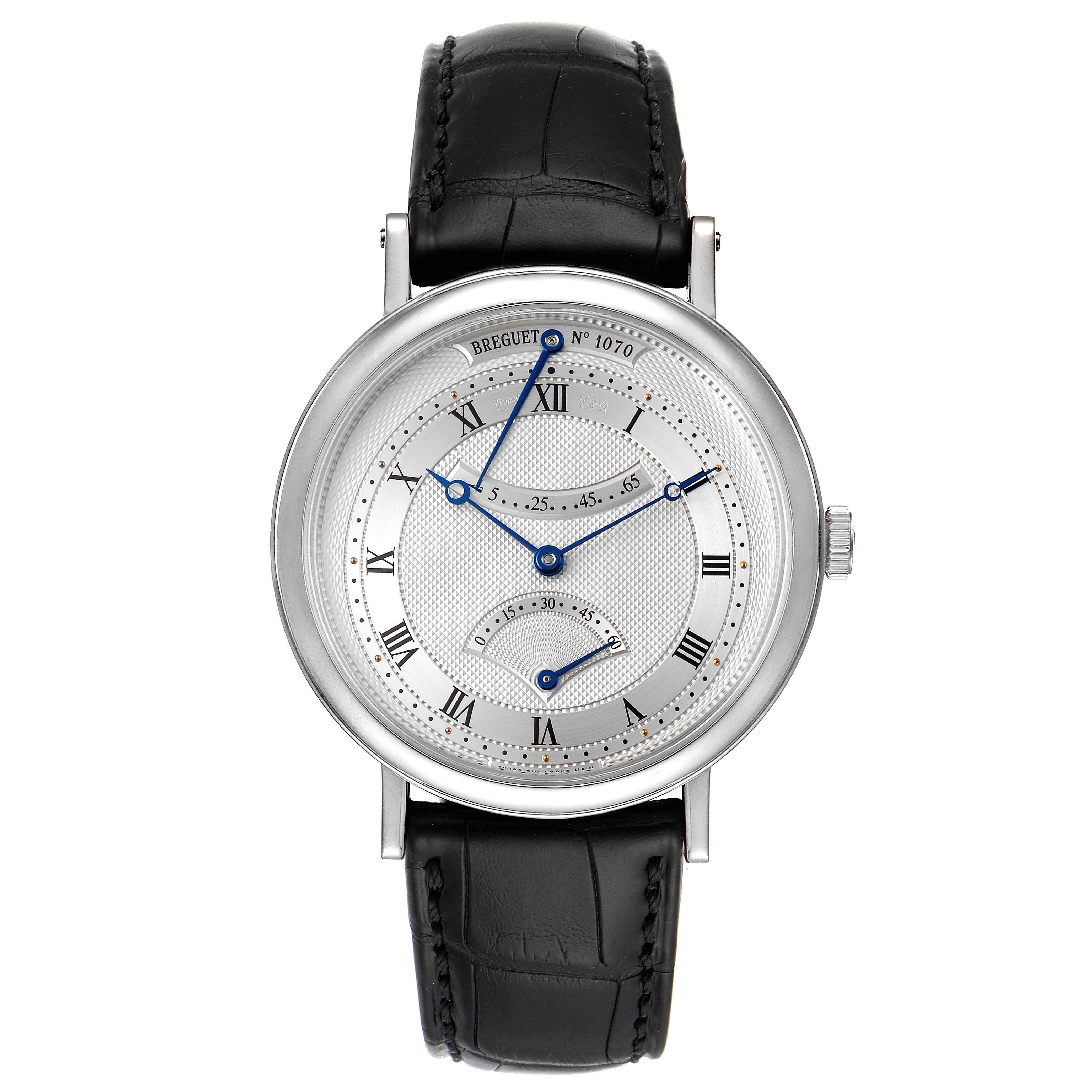 This image shows a front view of the Breguet Classique 5207BB/12/9V6 Men's Stainless Steel Silver Dial 5207BB/12/9V6 Men's Stainless Steel Silver Dial watch, highlighting its dial, hands, and leather strap.