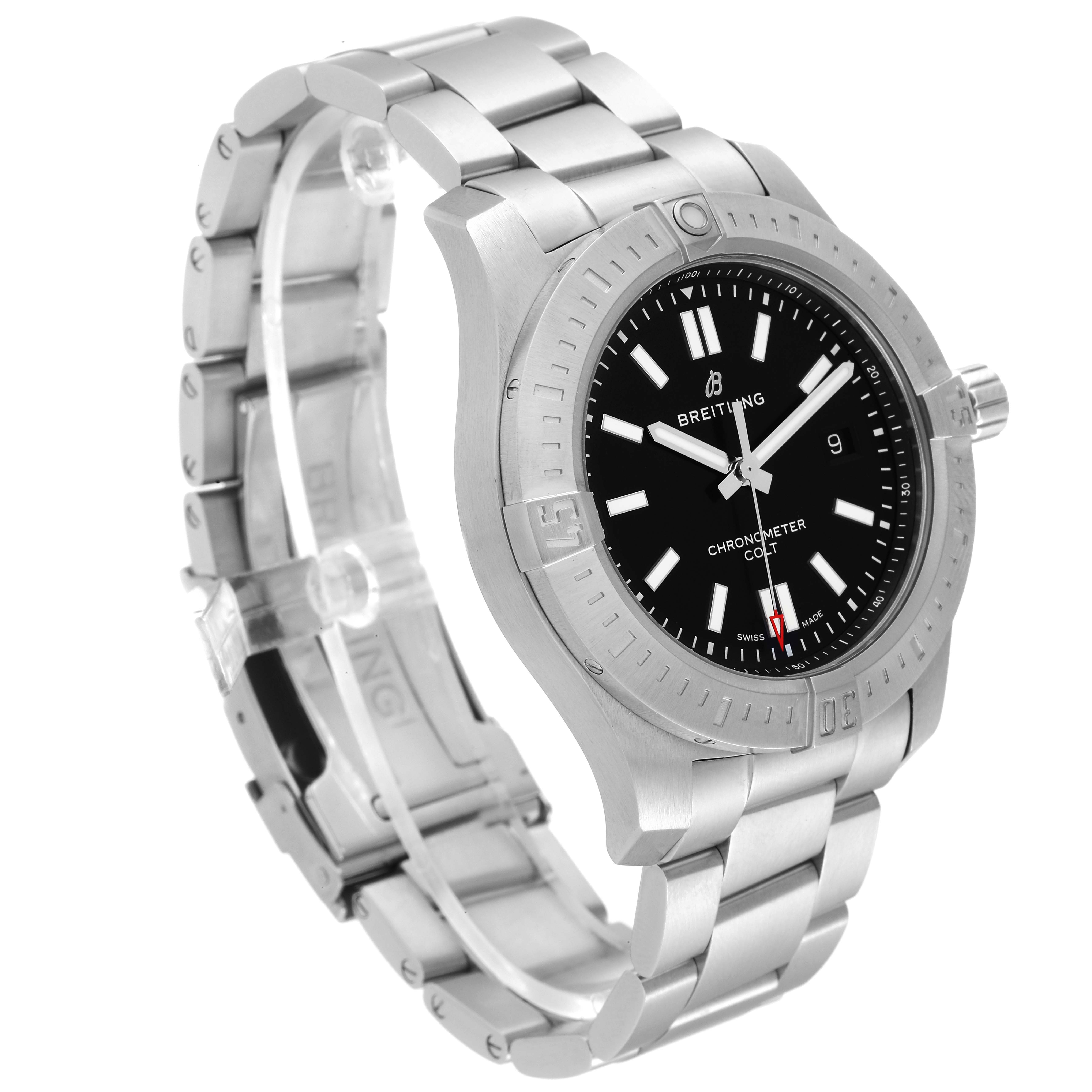 This image shows a Breitling Colt A17388 Men's Stainless Steel Black Dial A17388 Men's Stainless Steel Black Dial watch at a 3/4 angle, highlighting the bezel, dial, and metal bracelet.