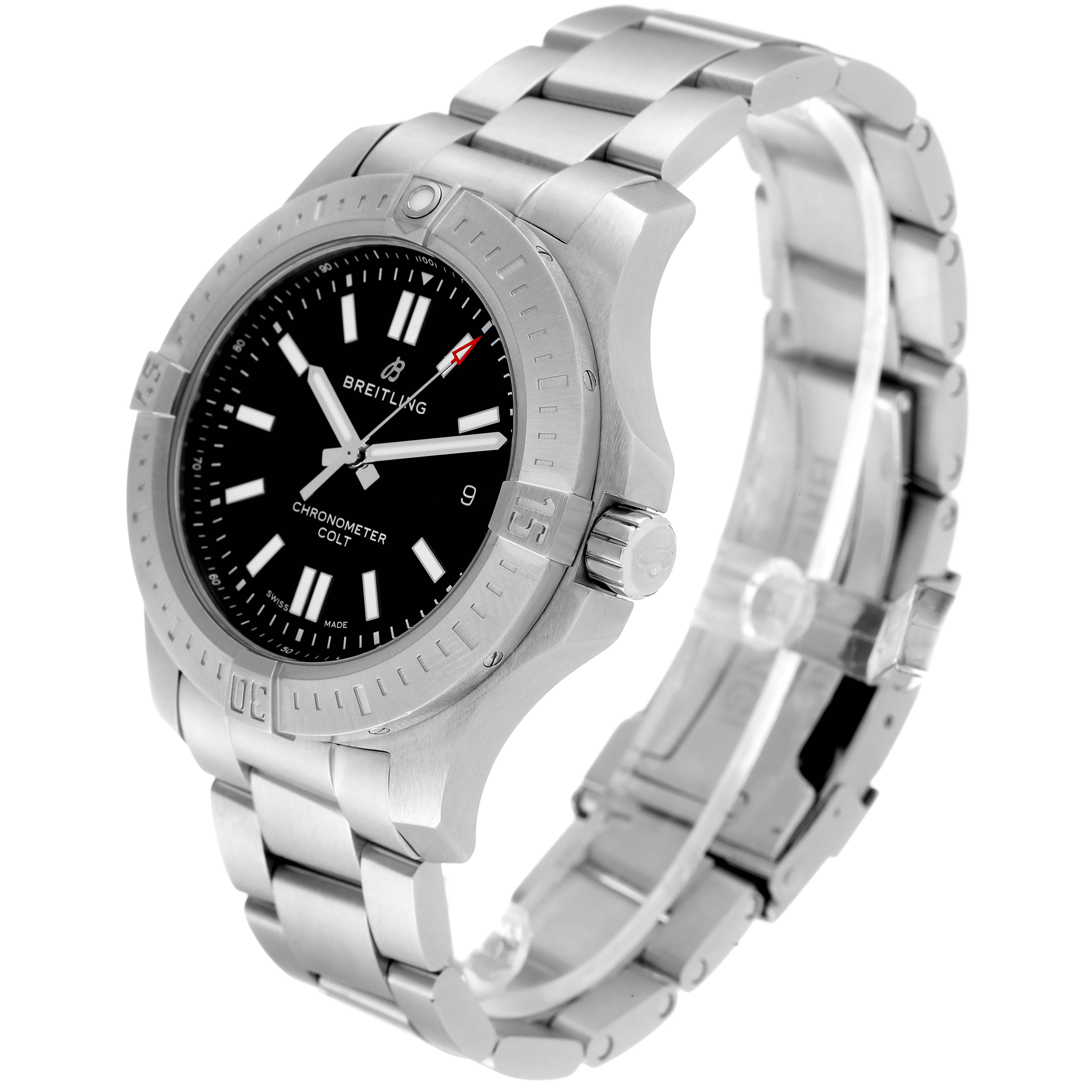 The image shows a Breitling Colt A17388 Men's Stainless Steel Black Dial A17388 Men's Stainless Steel Black Dial watch at an oblique angle, displaying the watch face, bezel, crown, and steel bracelet.