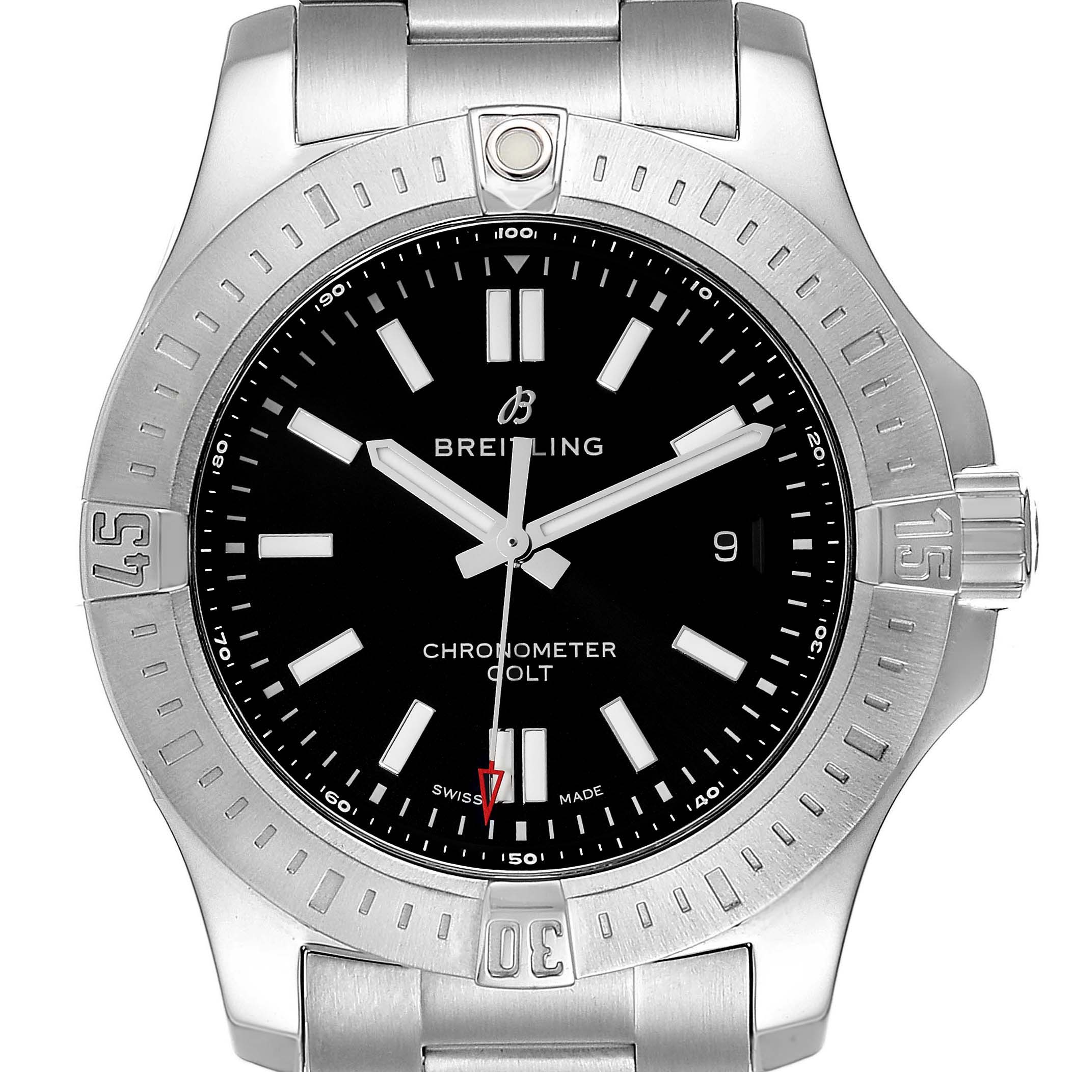 This image shows a front view of the Breitling Colt A17388 Men's Stainless Steel Black Dial A17388 Men's Stainless Steel Black Dial watch, highlighting its face, bezel, and part of the bracelet.