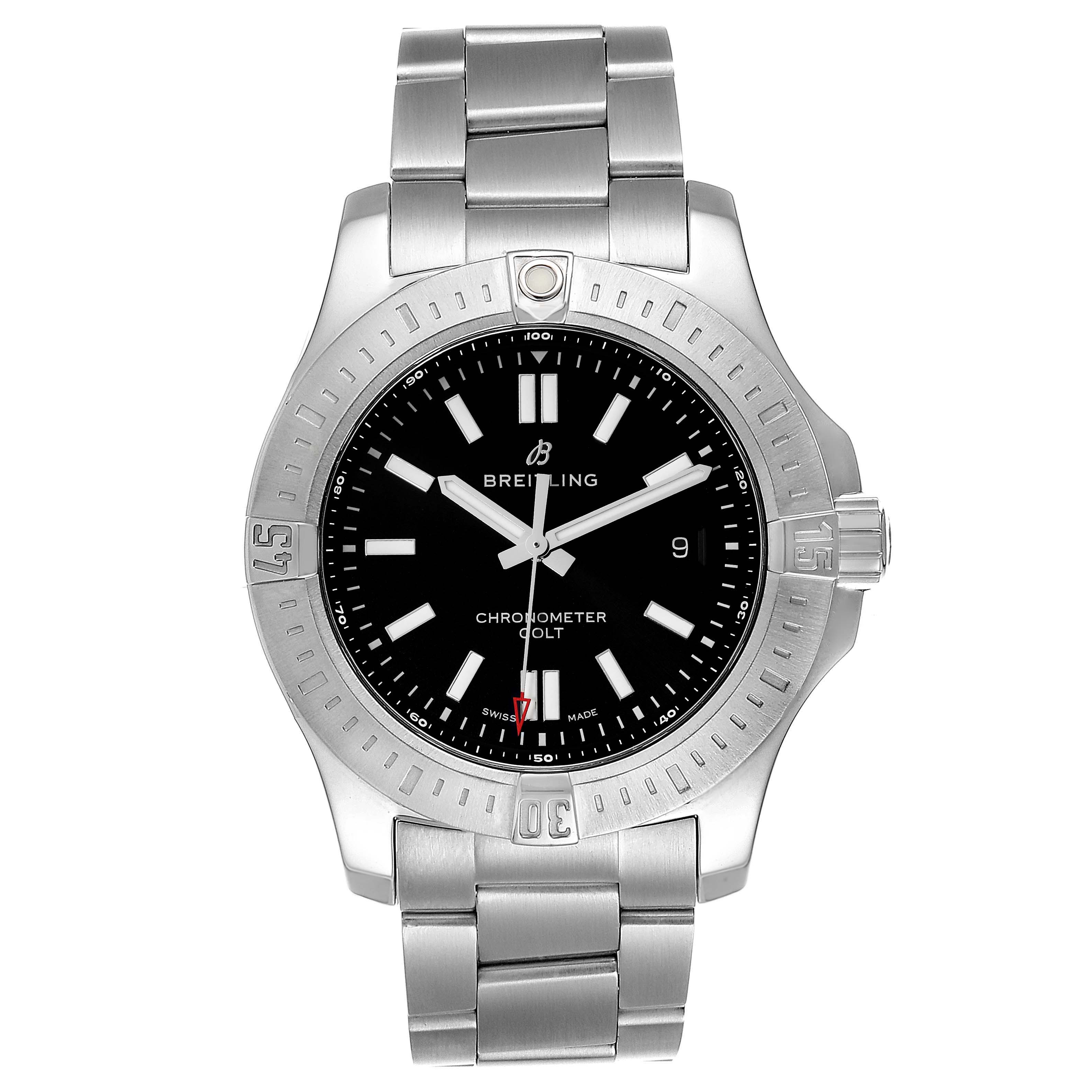 The image shows a frontal view of the Breitling Colt A17388 Men's Stainless Steel Black Dial A17388 Men's Stainless Steel Black Dial watch, displaying its face, bezel, and part of the bracelet.