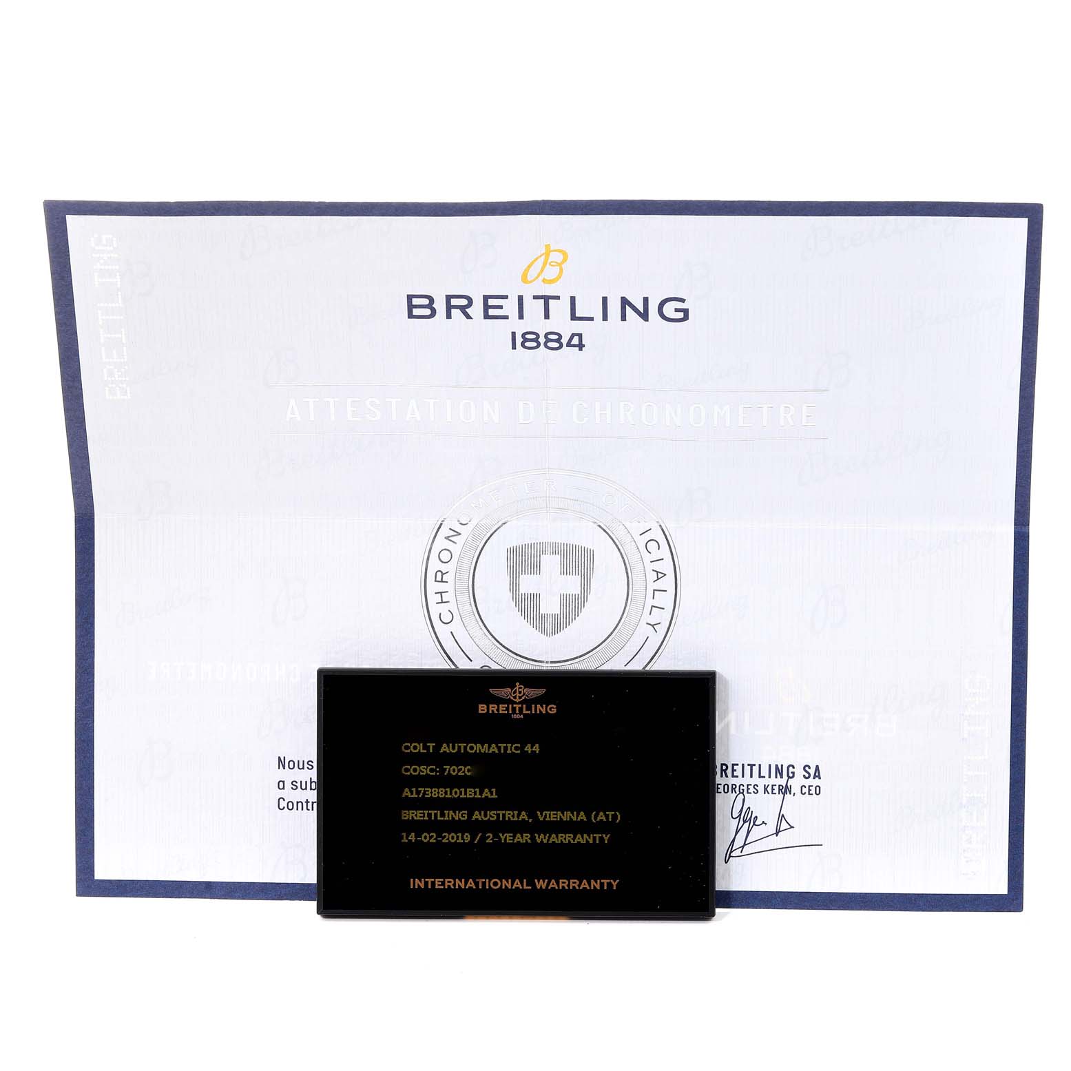 The image shows the Breitling Colt A17388 Men's Stainless Steel Black Dial A17388 Men's Stainless Steel Black Dial model watch's warranty card and certificate, viewed from the front.