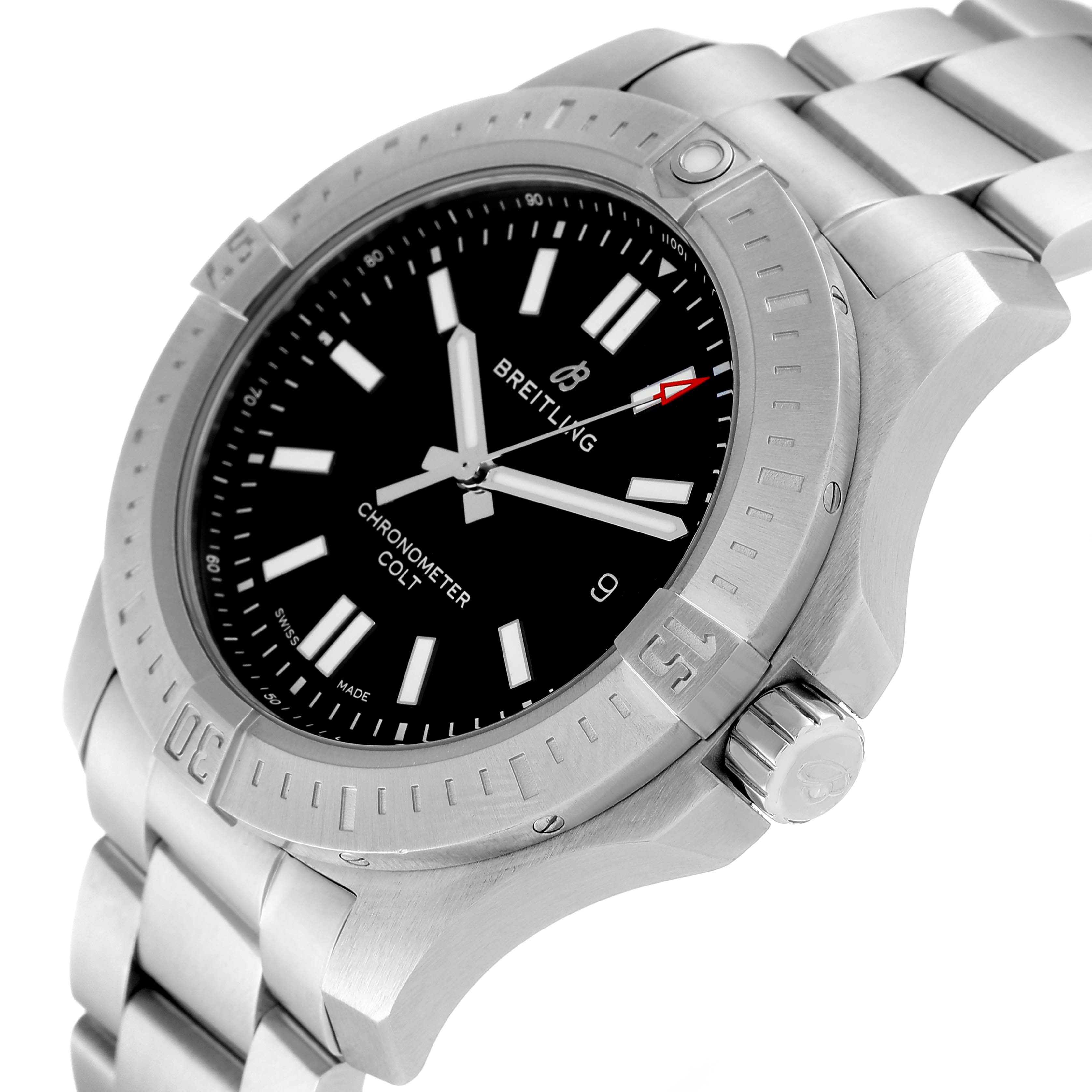 The image shows a side angle of the Breitling Colt A17388 Men's Stainless Steel Black Dial A17388 Men's Stainless Steel Black Dial watch, highlighting the bezel, crown, bracelet, and dial.