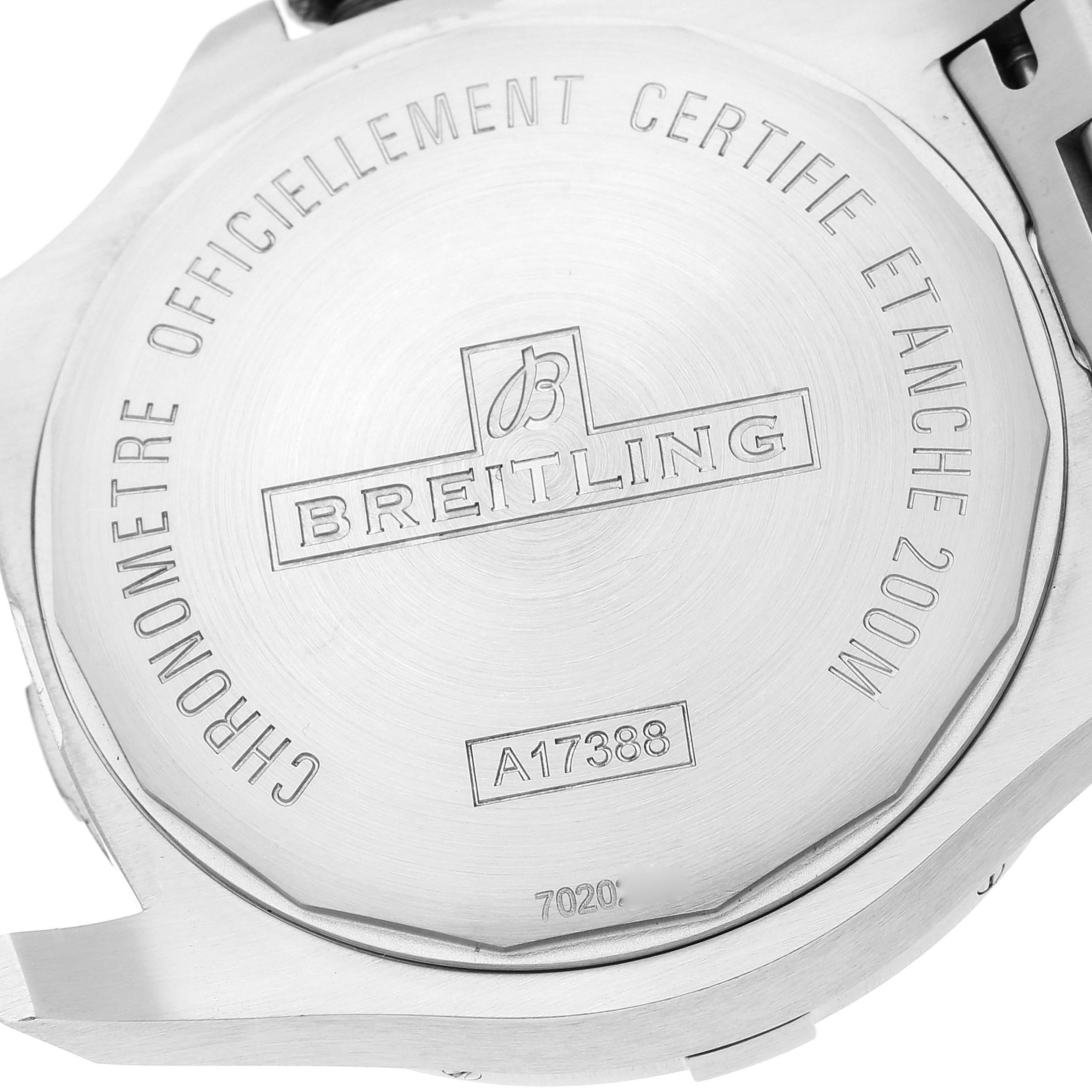 The image shows the back case of a Breitling Colt A17388 Men's Stainless Steel Black Dial A17388 Men's Stainless Steel Black Dial watch, highlighting brand engraving and model details.