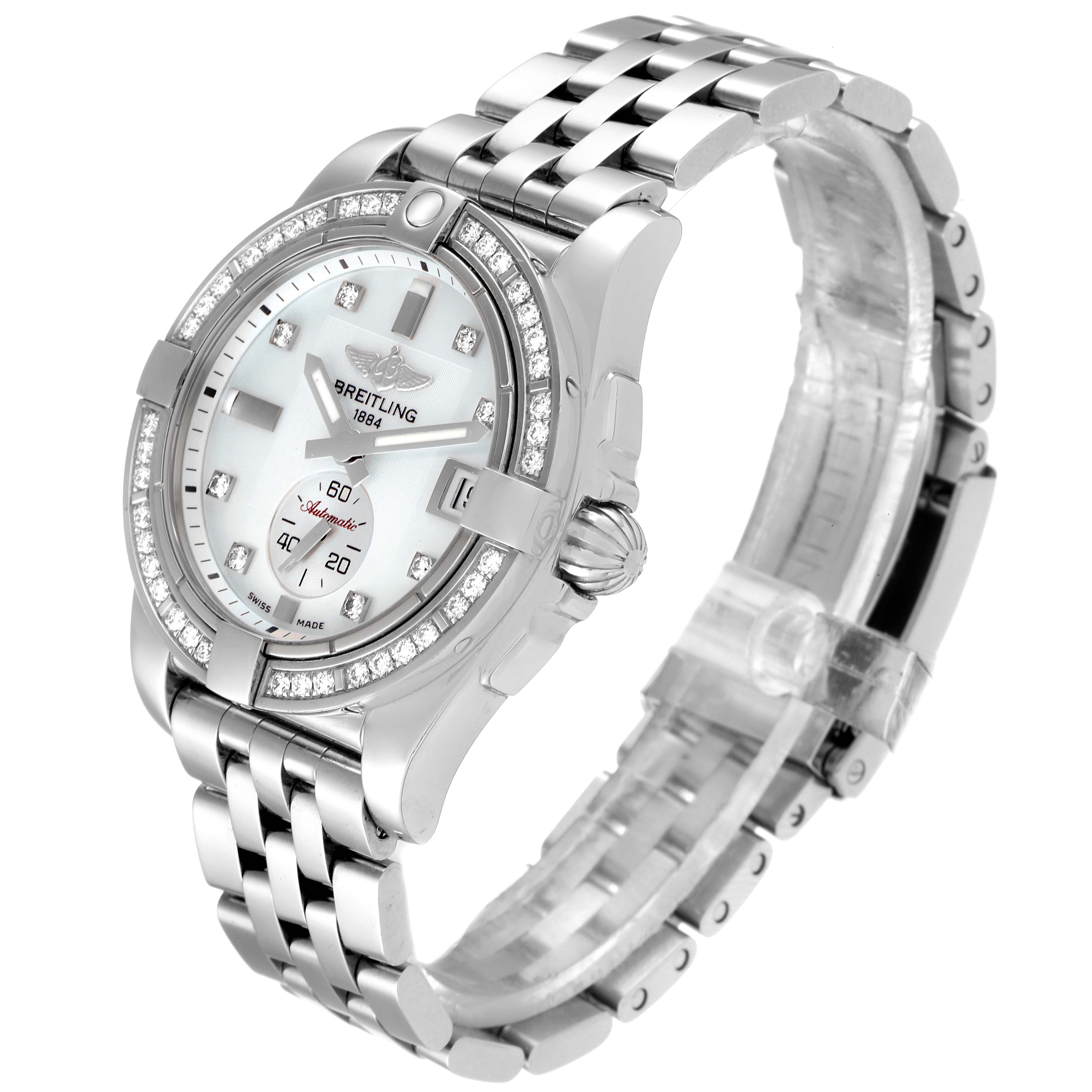 This image shows a front left angle of the Breitling A37330 Women's Stainless Steel Mother of Pearl Dial A37330 Women's Stainless Steel Mother of Pearl Dial Galactic 36 MOP Dial Diamond Steel Ladies Watch A37330 Unworn model.