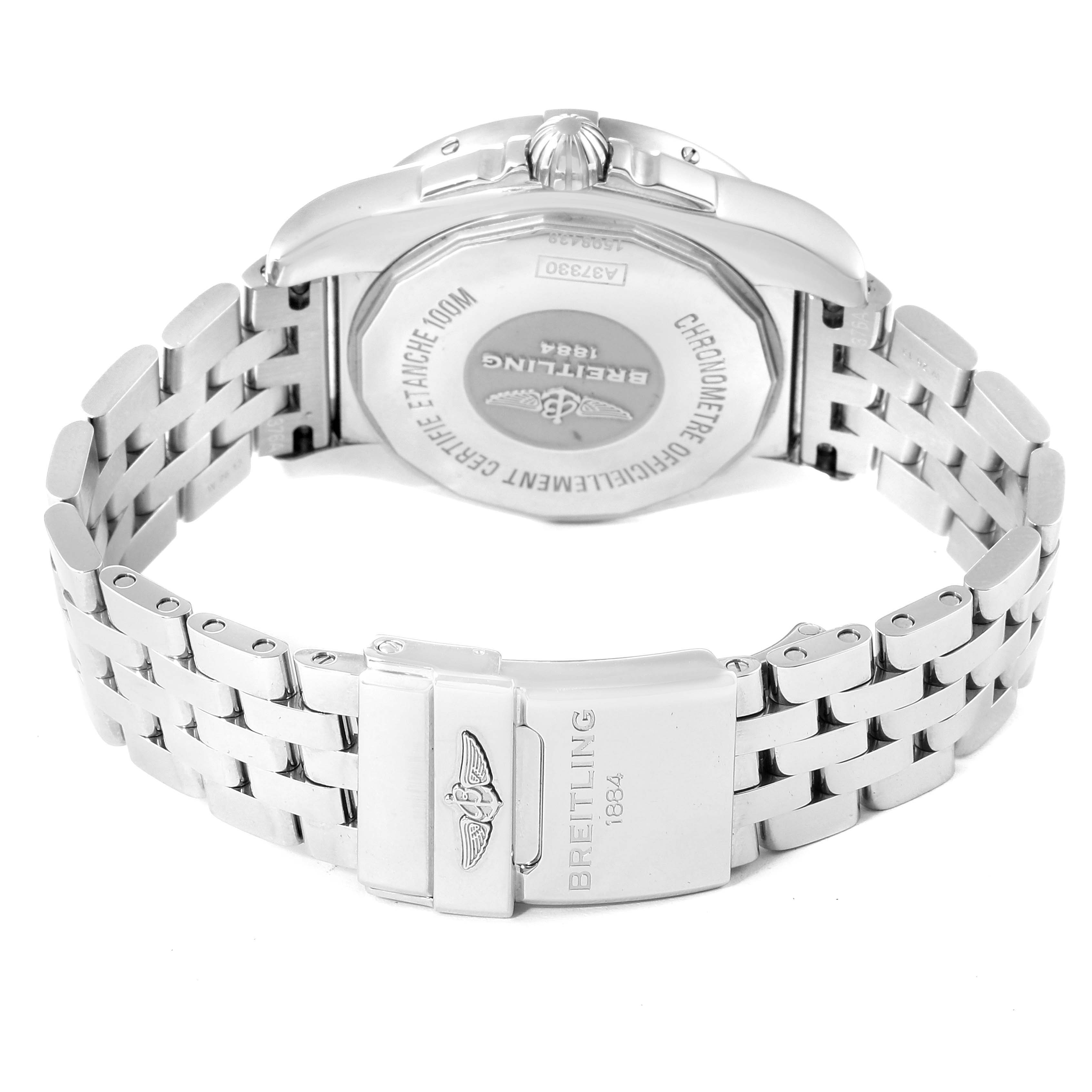 This image shows the back and bracelet of the Breitling A37330 Women's Stainless Steel Mother of Pearl Dial A37330 Women's Stainless Steel Mother of Pearl Dial Galactic 36 MOP Dial Diamond Steel Ladies Watch model A37330.