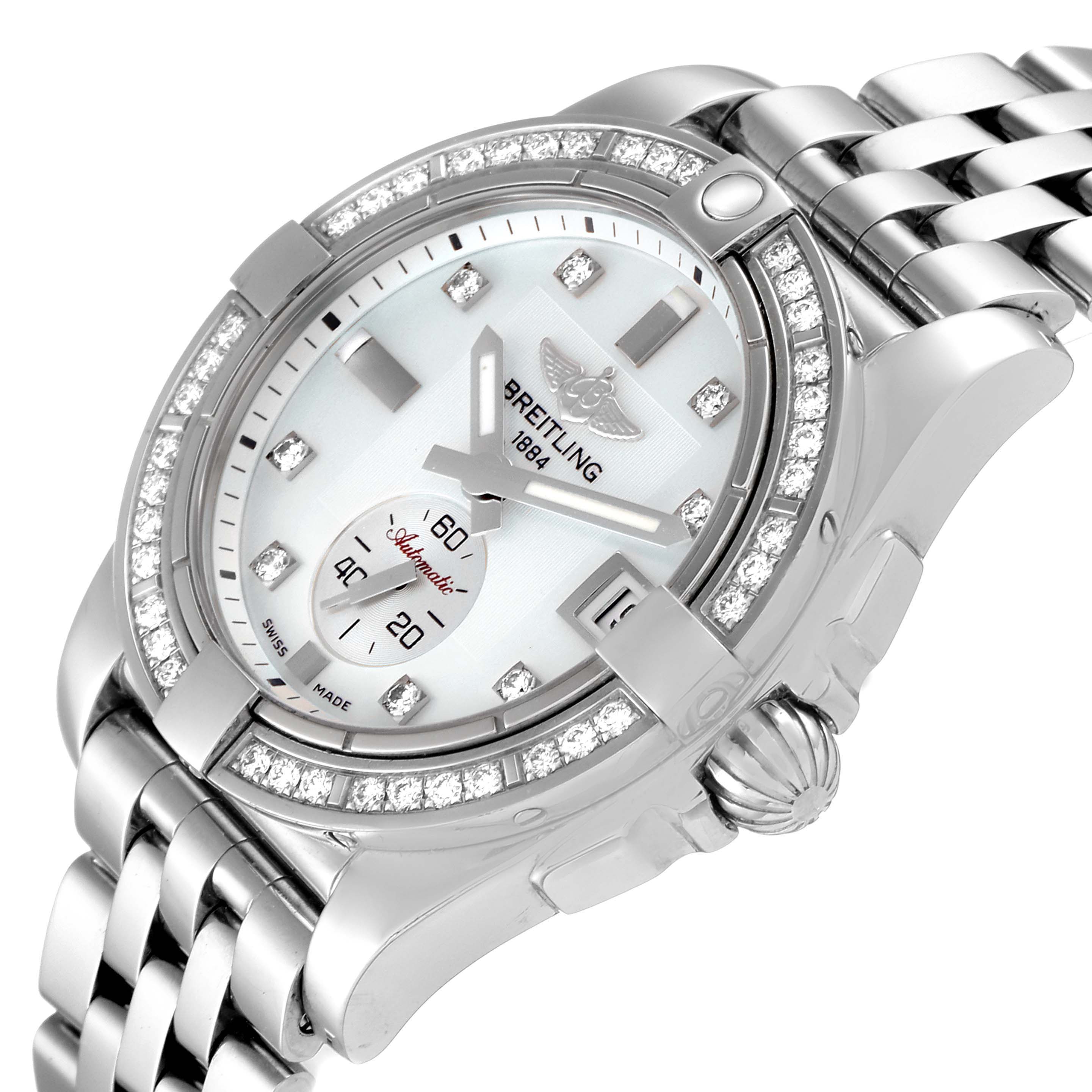 The Breitling A37330 Women's Stainless Steel Mother of Pearl Dial A37330 Women's Stainless Steel Mother of Pearl Dial Galactic 36 MOP Dial Diamond Steel Ladies Watch A37330 is shown at an angle highlighting the dial, bezel, crown, and part of the bracelet.