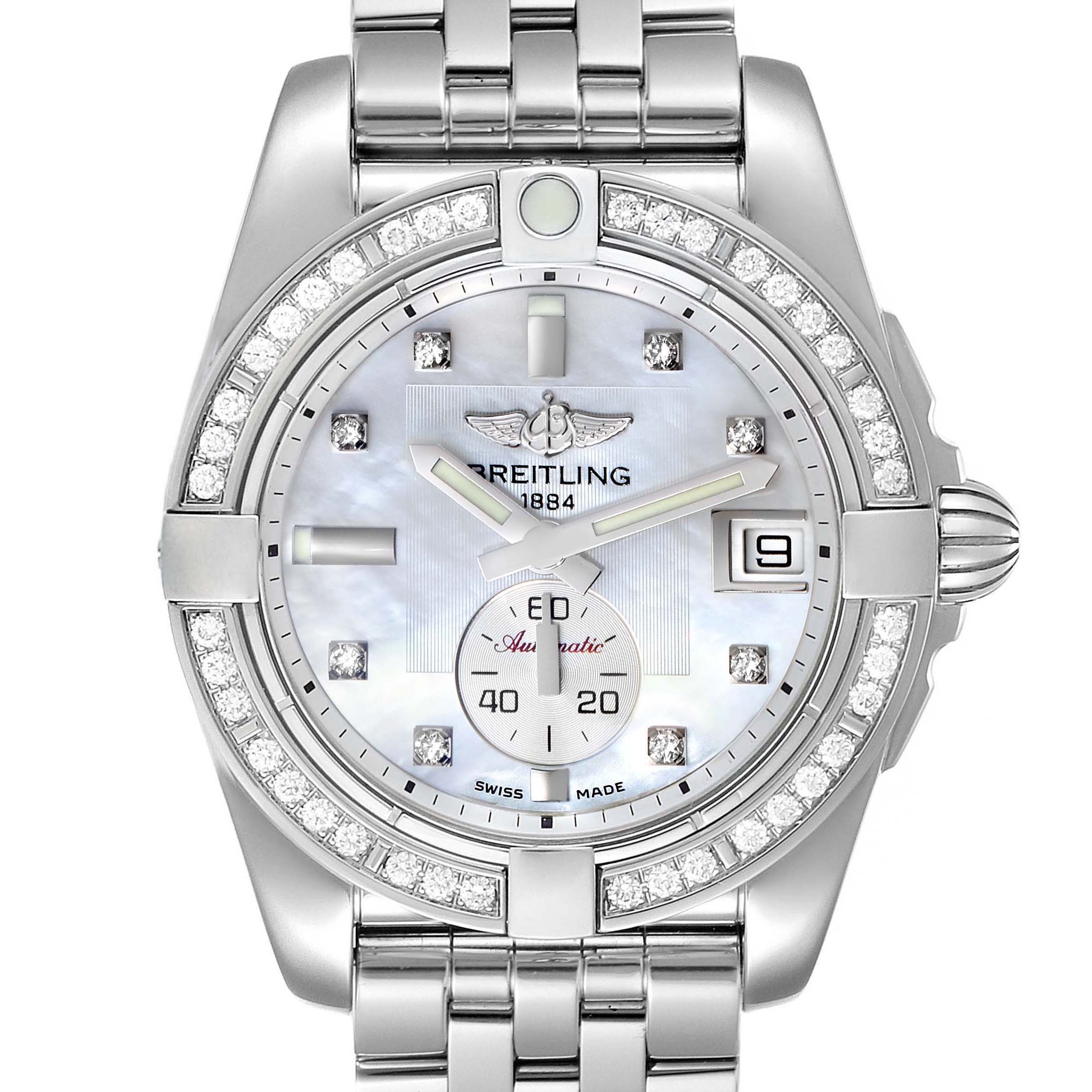 The image shows a front view of the Breitling A37330 Women's Stainless Steel Mother of Pearl Dial A37330 Women's Stainless Steel Mother of Pearl Dial Galactic 36 MOP Dial Diamond Steel Ladies Watch A37330, highlighting its dial and bezel.