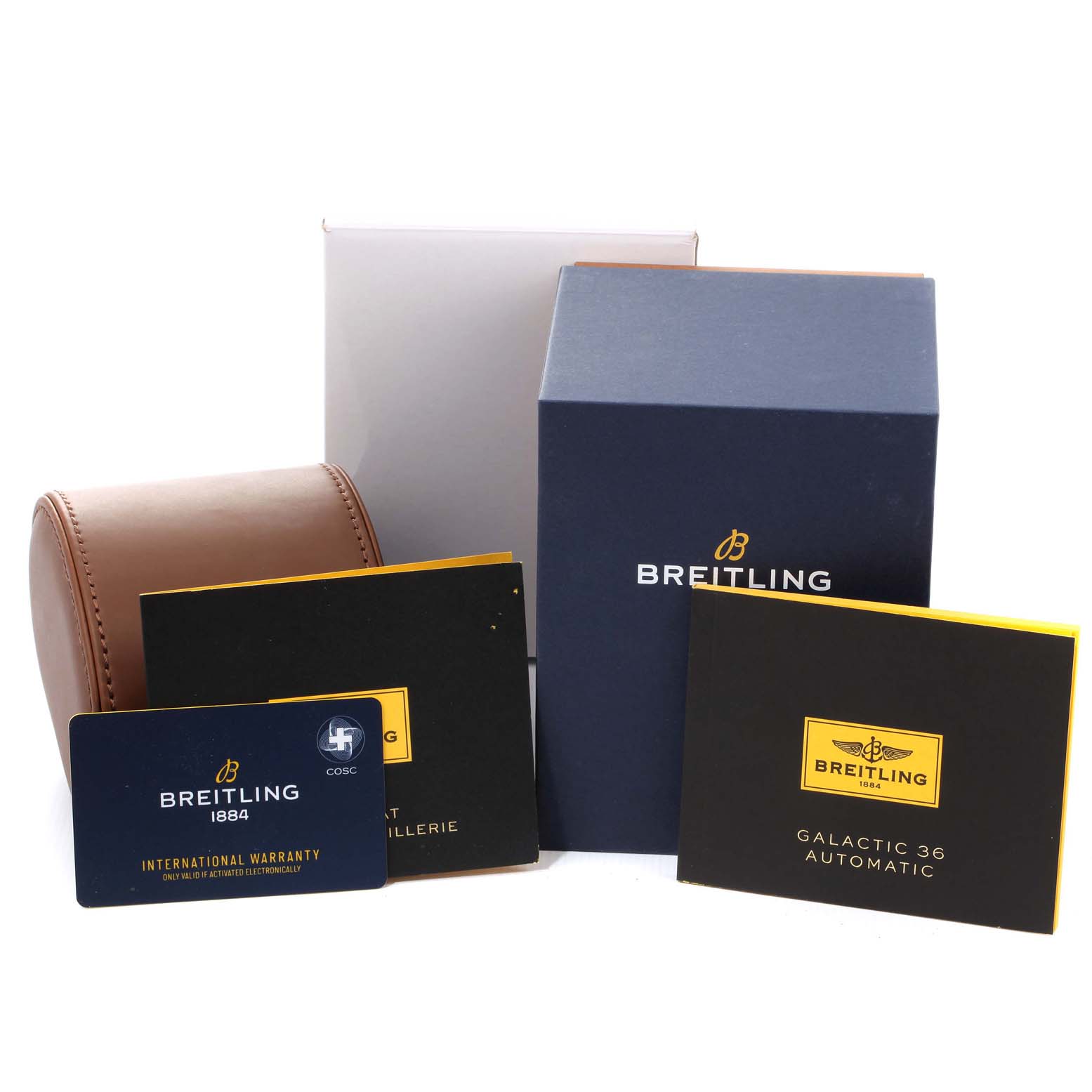 The image shows the Breitling A37330 Women's Stainless Steel Mother of Pearl Dial A37330 Women's Stainless Steel Mother of Pearl Dial Galactic 36 MOP Dial Diamond Steel Ladies Watch A37330 packaging, warranty card, and booklet.