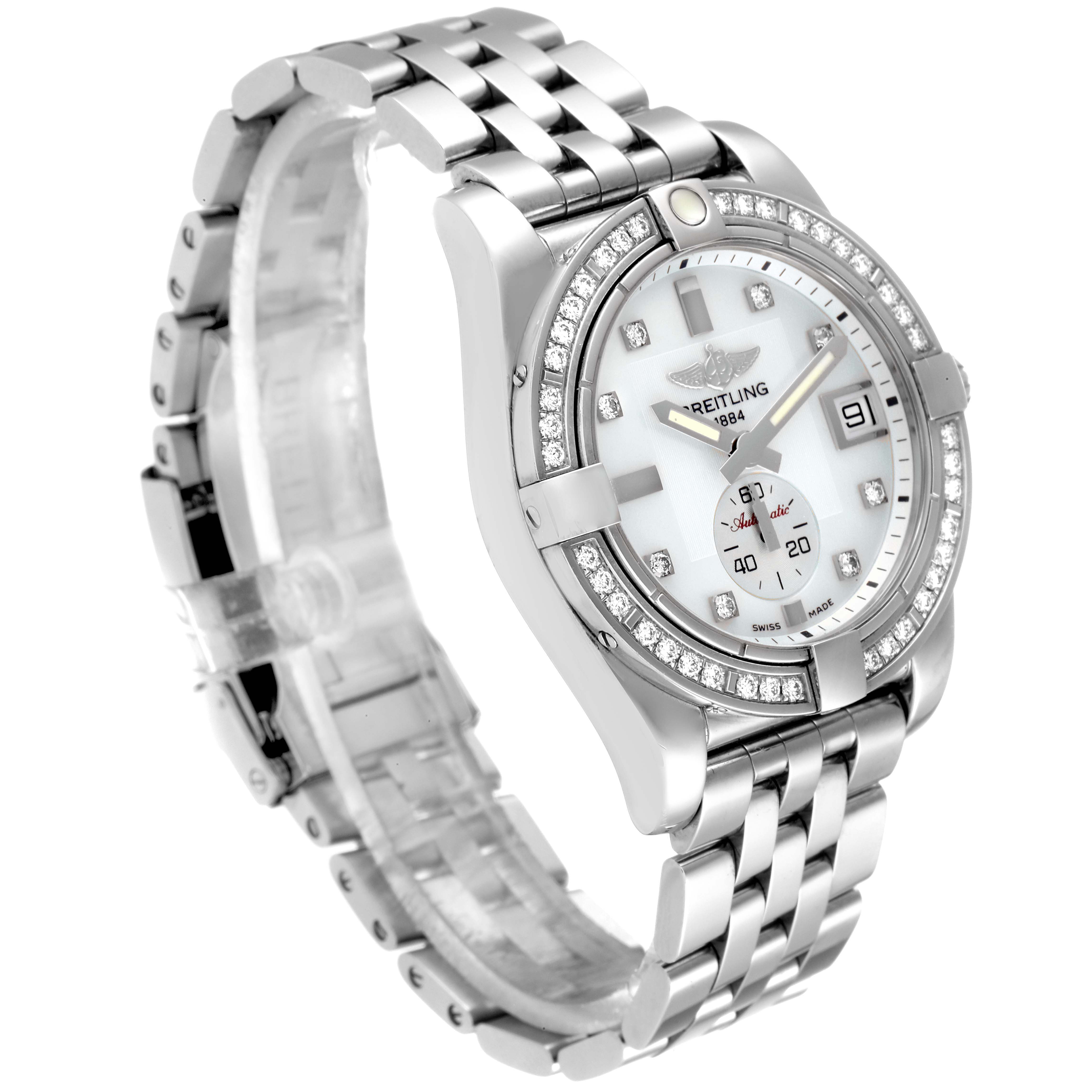 The image shows a side angle of the Breitling A37330 Women's Stainless Steel Mother of Pearl Dial A37330 Women's Stainless Steel Mother of Pearl Dial Galactic 36 MOP Dial Diamond Steel Ladies Watch A37330, highlighting the bracelet and diamond bezel.