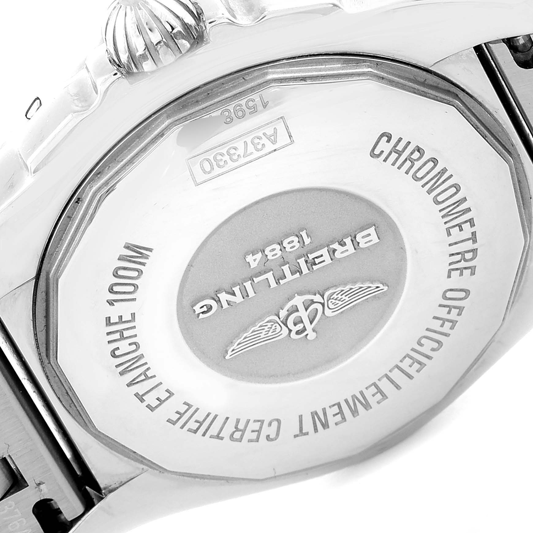 This image shows the back case of the Breitling A37330 Women's Stainless Steel Mother of Pearl Dial A37330 Women's Stainless Steel Mother of Pearl Dial Galactic 36 MOP Dial Diamond Steel Ladies Watch A37330 Unworn model.