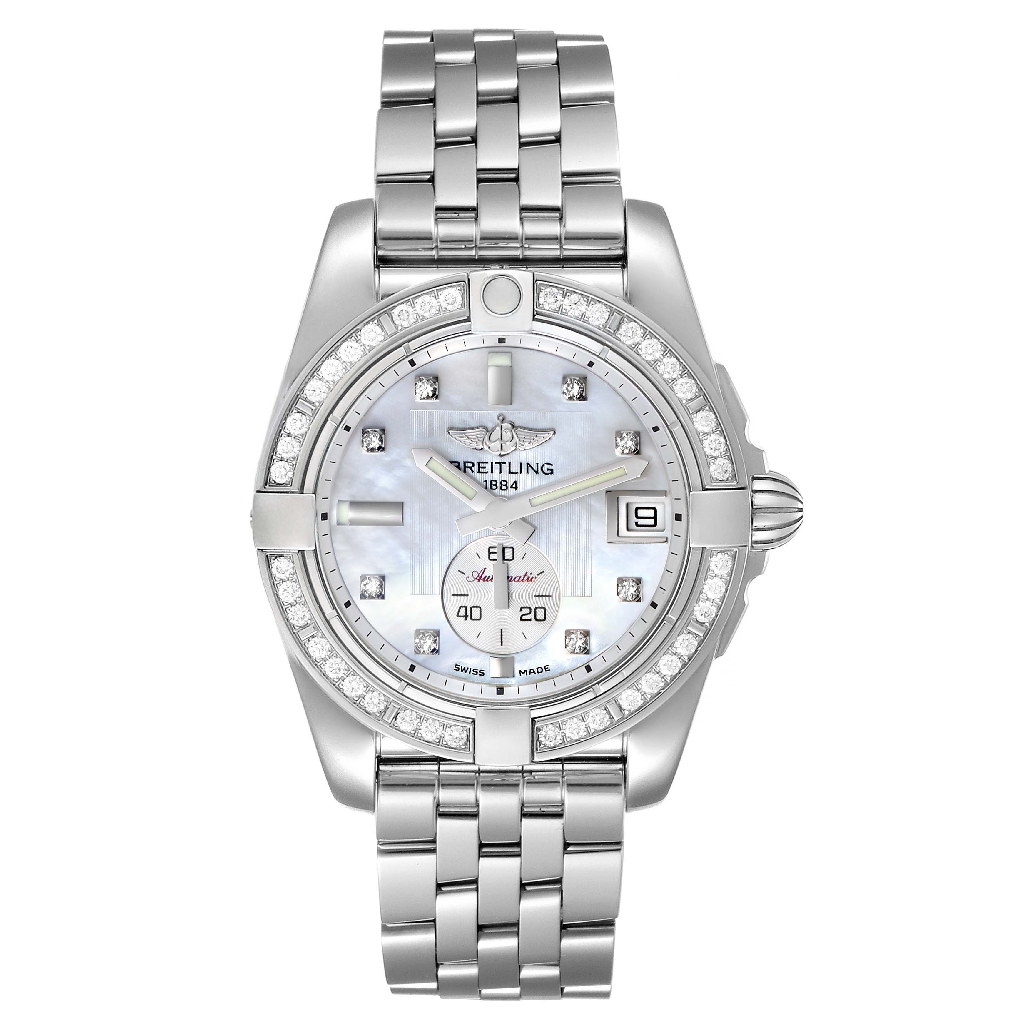 The image shows a frontal view of the Breitling A37330 Women's Stainless Steel Mother of Pearl Dial A37330 Women's Stainless Steel Mother of Pearl Dial Galactic 36 MOP Dial Diamond Steel Ladies Watch A37330, highlighting its face, bezel, and bracelet.