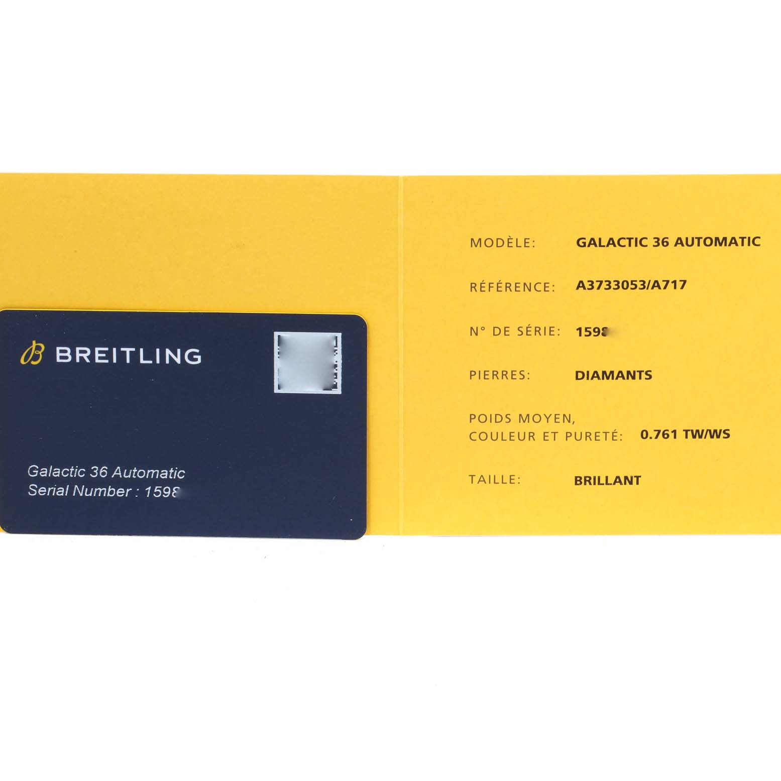 The image shows the warranty and certification card for the Breitling A37330 Women's Stainless Steel Mother of Pearl Dial A37330 Women's Stainless Steel Mother of Pearl Dial Galactic 36 MOP Dial Diamond Steel Ladies Watch A37330.