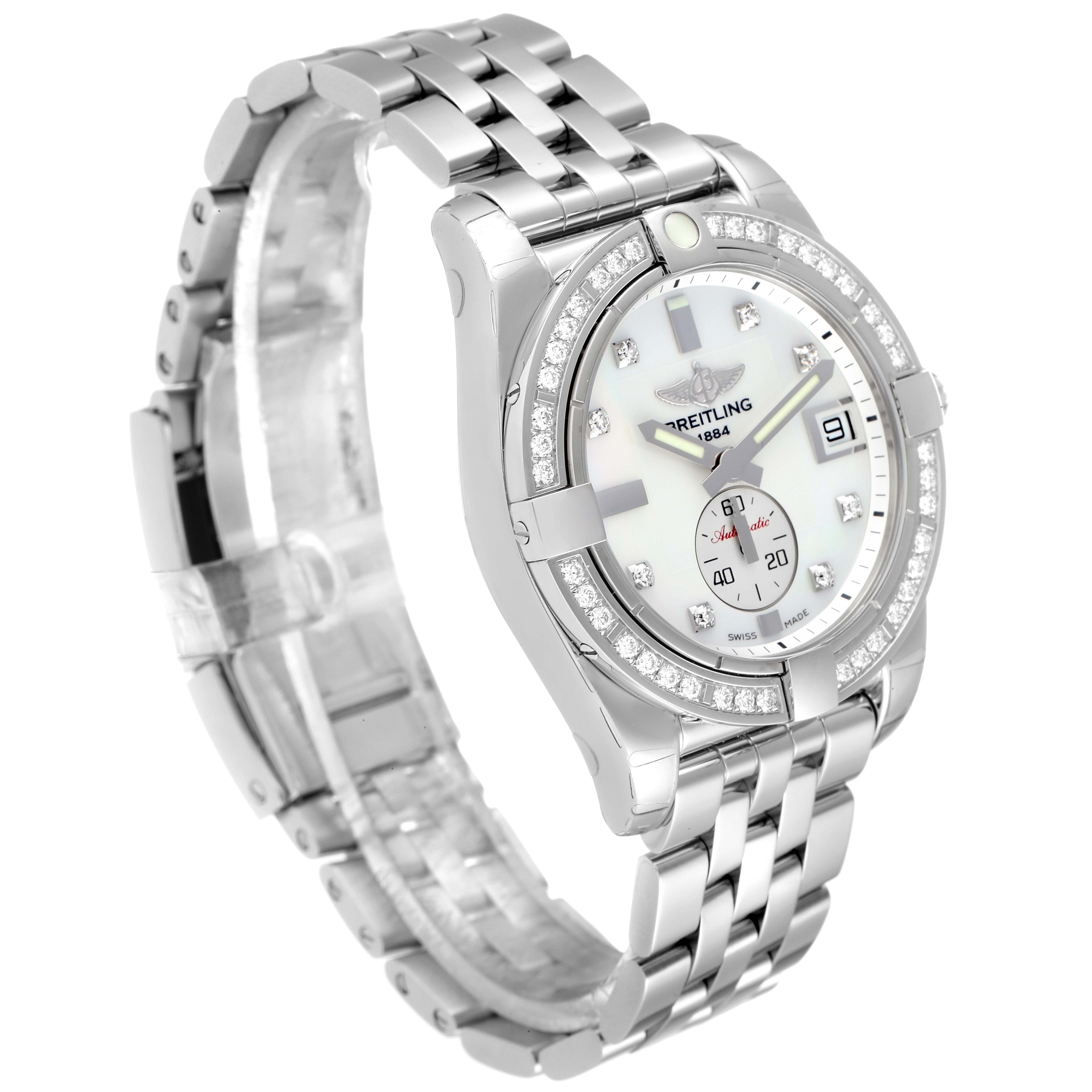 The image shows a Breitling A37330 Women's Stainless Steel Mother of Pearl Dial A37330 Women's Stainless Steel Mother of Pearl Dial Galactic 36 MOP Dial Diamond Steel Ladies Watch A37330 at a slight angle, showcasing its face, bezel, and bracelet.