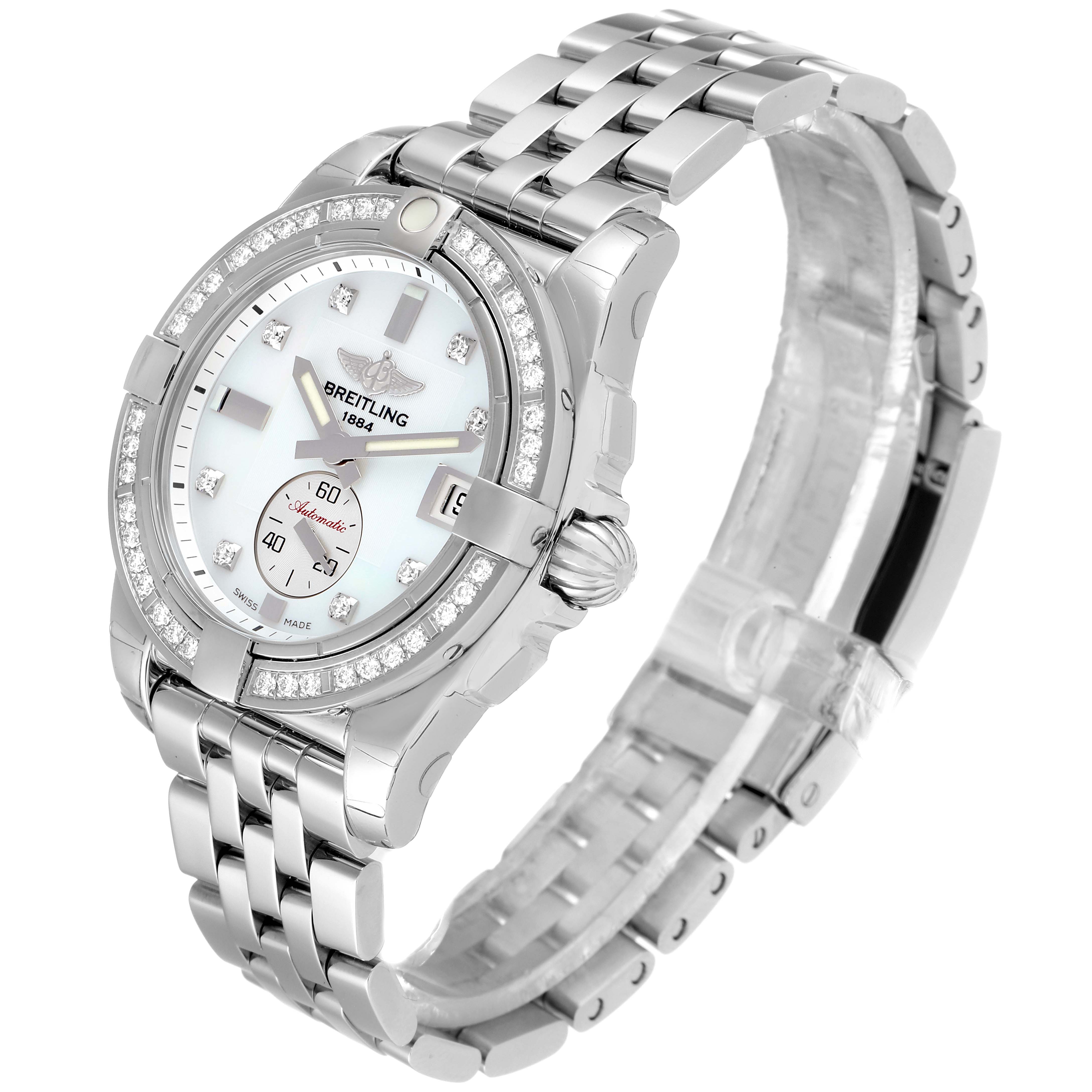 The image shows a Breitling A37330 Women's Stainless Steel Mother of Pearl Dial A37330 Women's Stainless Steel Mother of Pearl Dial Galactic 36 MOP Dial Diamond Steel Ladies Watch A37330 from an angled side view, highlighting the face, bezel, crown, and bracelet.