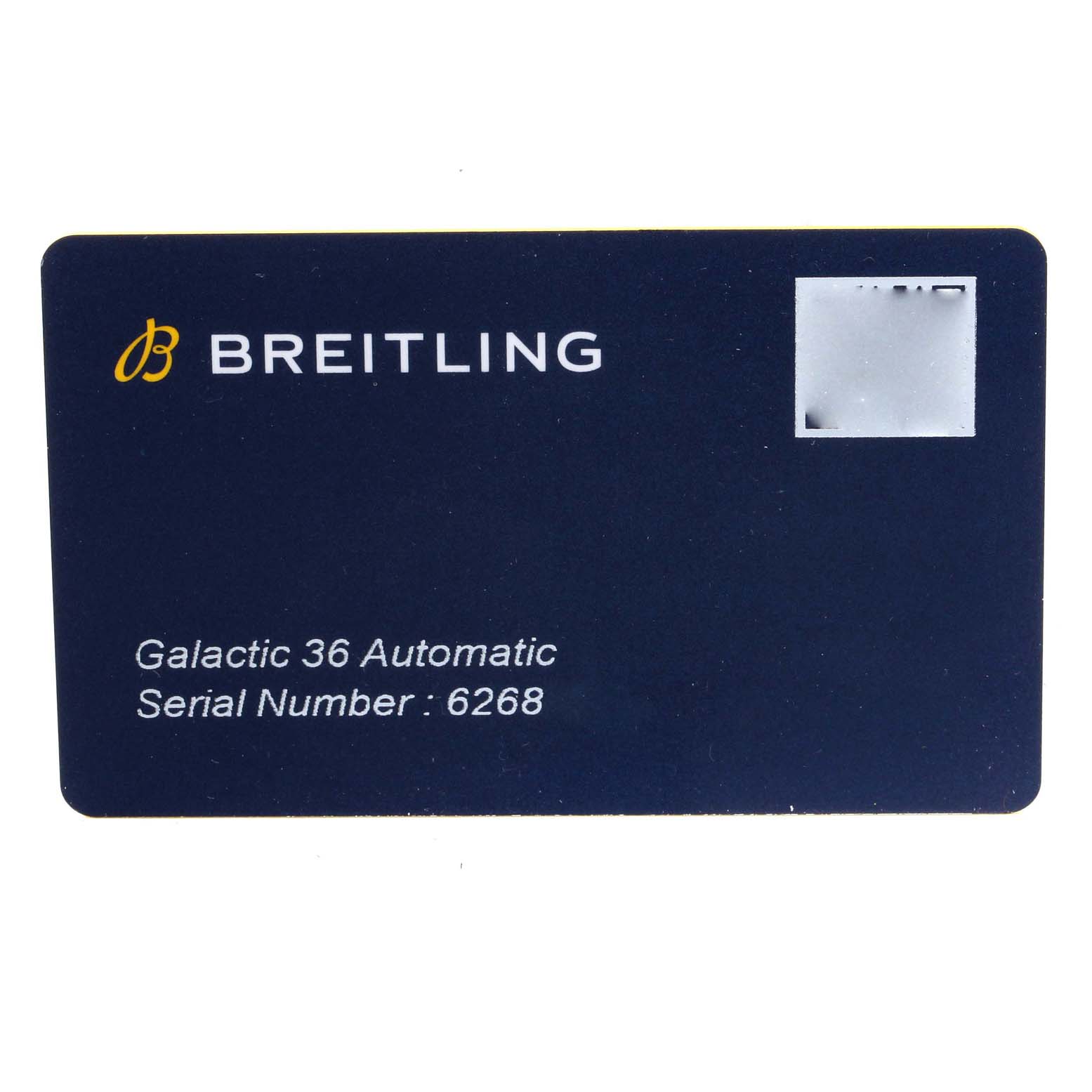 This image shows a Breitling A37330 Women's Stainless Steel Mother of Pearl Dial A37330 Women's Stainless Steel Mother of Pearl Dial Galactic 36 Automatic warranty card with the serial number 6268.