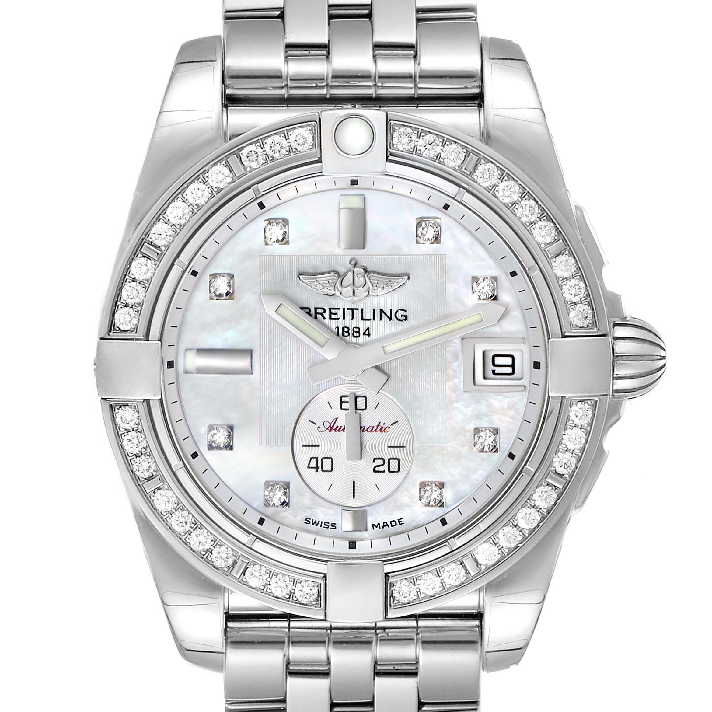 This image shows a front view of the Breitling A37330 Women's Stainless Steel Mother of Pearl Dial A37330 Women's Stainless Steel Mother of Pearl Dial Galactic 36 MOP Dial Diamond Steel Ladies Watch A37330, highlighting the dial and diamond bezel.