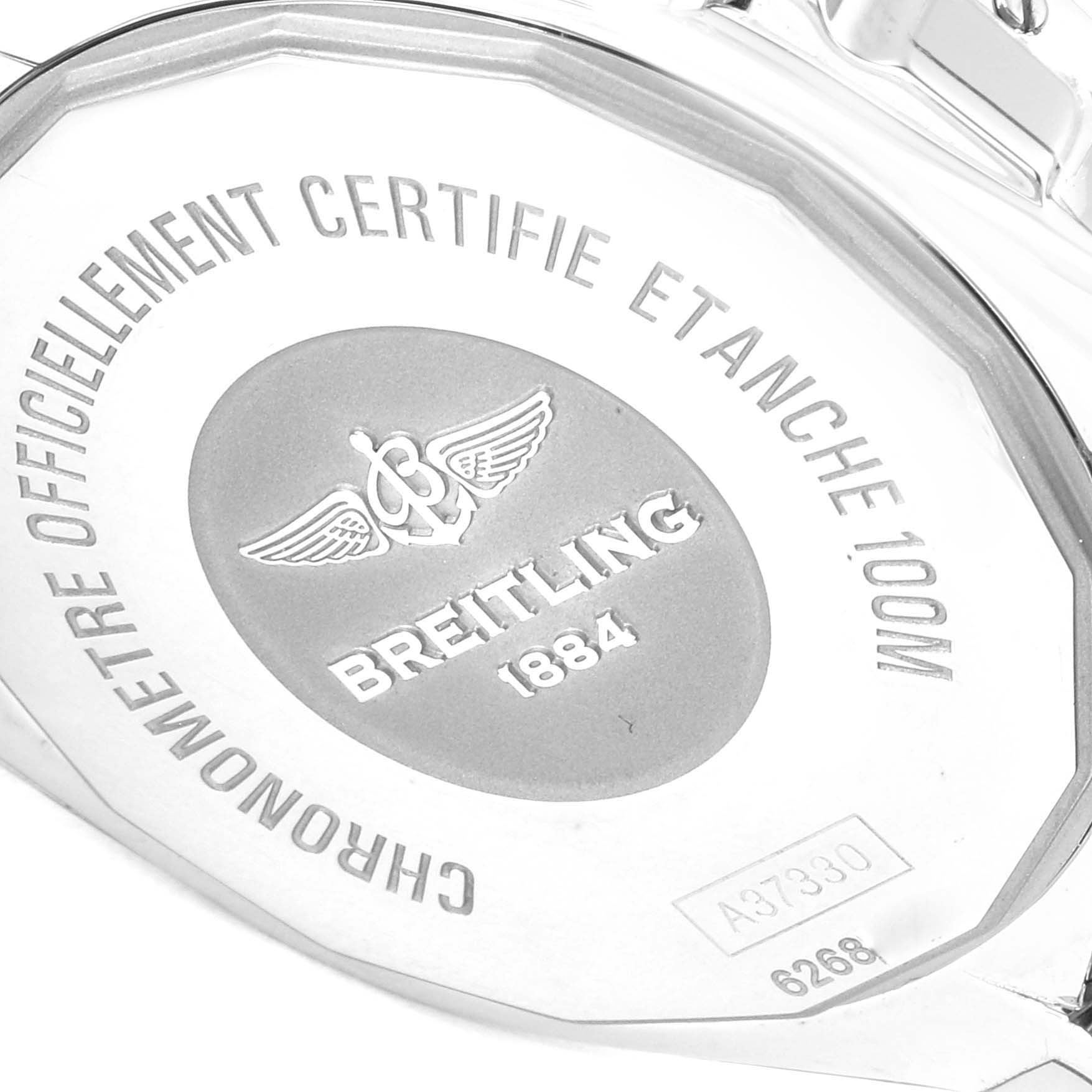 The image shows the back case of the Breitling A37330 Women's Stainless Steel Mother of Pearl Dial A37330 Women's Stainless Steel Mother of Pearl Dial Galactic 36 MOP Dial Diamond Steel Ladies Watch model A37330.