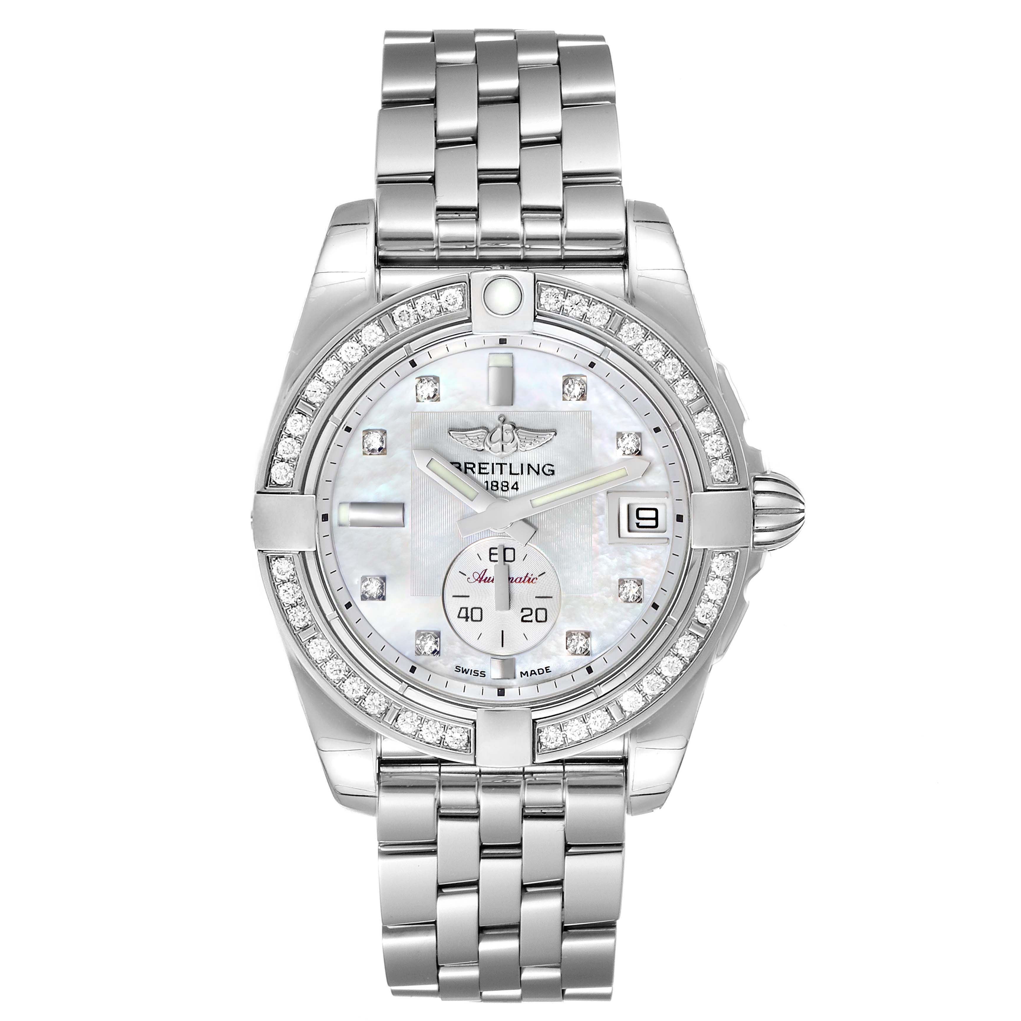 The Breitling A37330 Women's Stainless Steel Mother of Pearl Dial A37330 Women's Stainless Steel Mother of Pearl Dial Galactic 36 MOP Dial Diamond Steel Ladies Watch A37330 is shown from a top-down angle, displaying the dial, bezel, and bracelet.