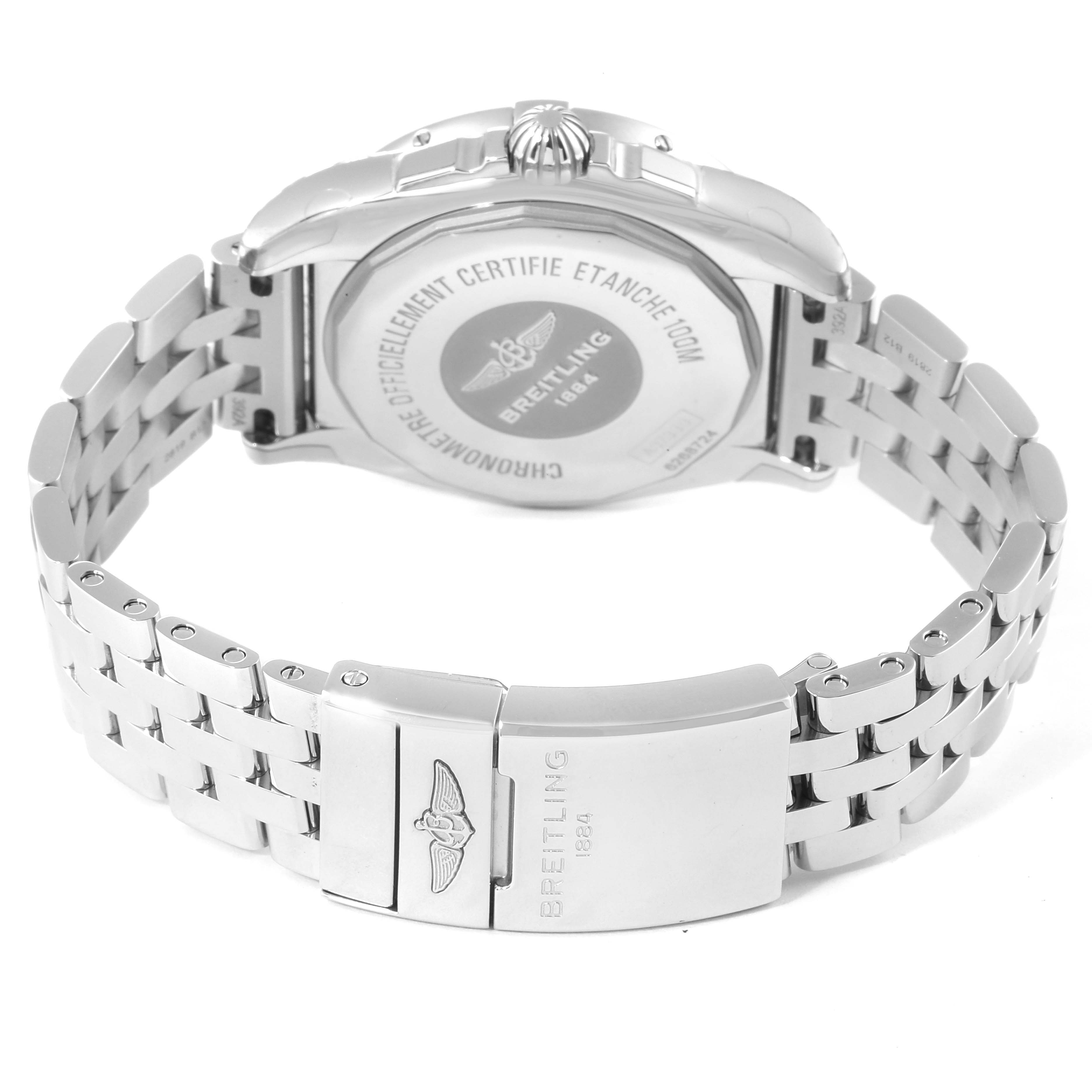 The image shows the back view of a Breitling A37330 Women's Stainless Steel Mother of Pearl Dial A37330 Women's Stainless Steel Mother of Pearl Dial Galactic 36 MOP Dial Diamond Steel Ladies Watch A37330 model, highlighting its bracelet and clasp.