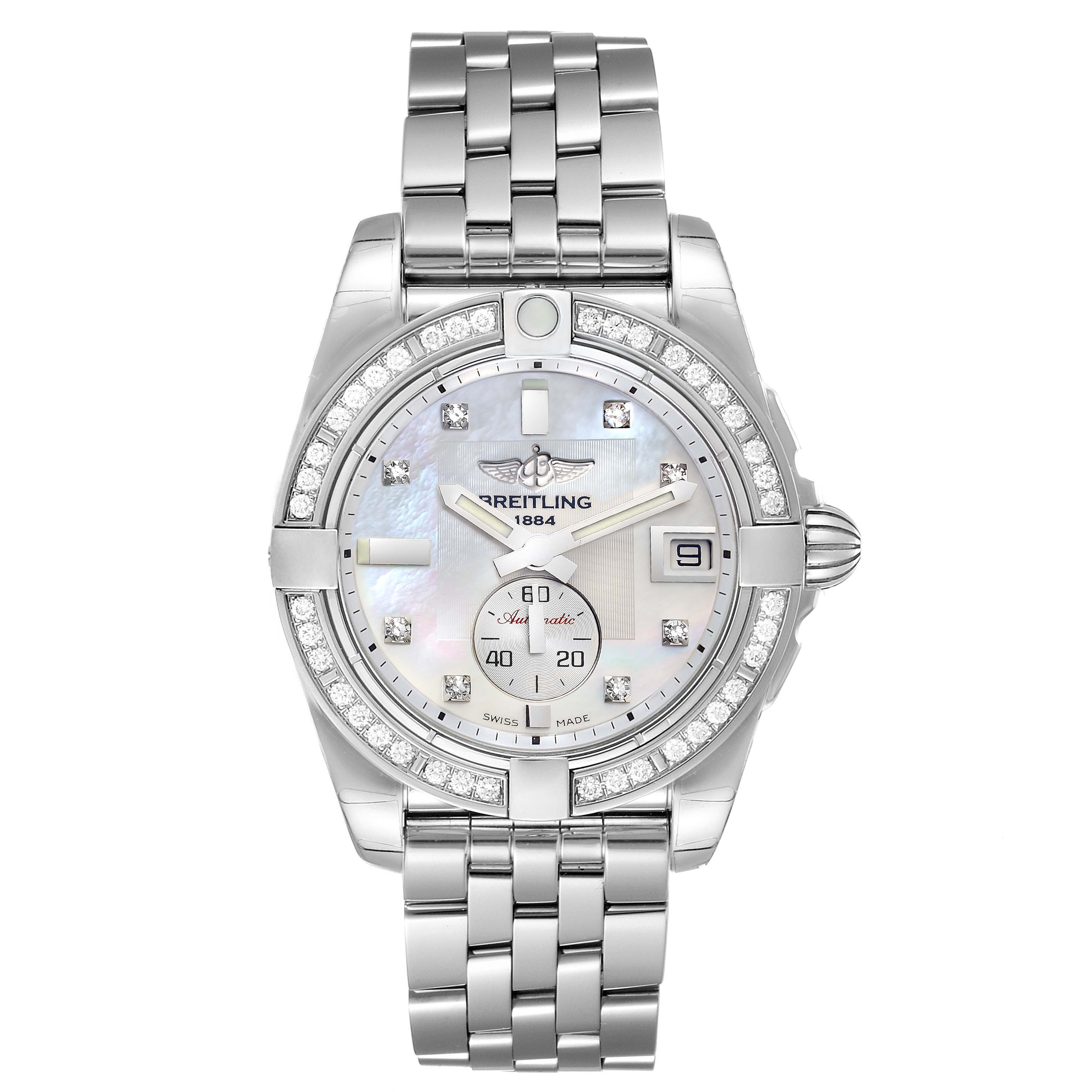 The image shows a front view of the Breitling A37330 Women's Stainless Steel Mother of Pearl Dial A37330 Women's Stainless Steel Mother of Pearl Dial Galactic 36 MOP Dial Diamond Steel Ladies Watch A37330 Unworn model.