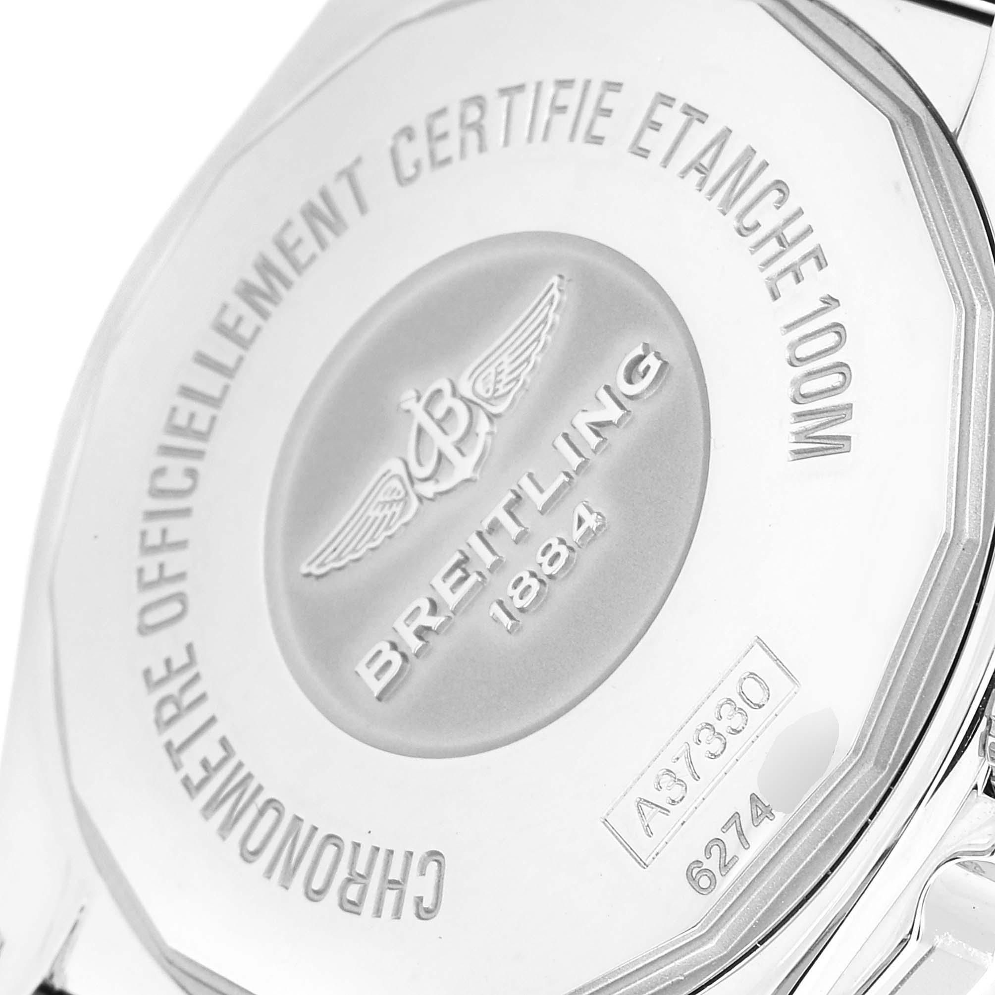 This image shows the backside of the Breitling A37330 Women's Stainless Steel Mother of Pearl Dial A37330 Women's Stainless Steel Mother of Pearl Dial Galactic 36 MOP Dial Diamond Steel Ladies Watch model A37330, highlighting the engraved details.