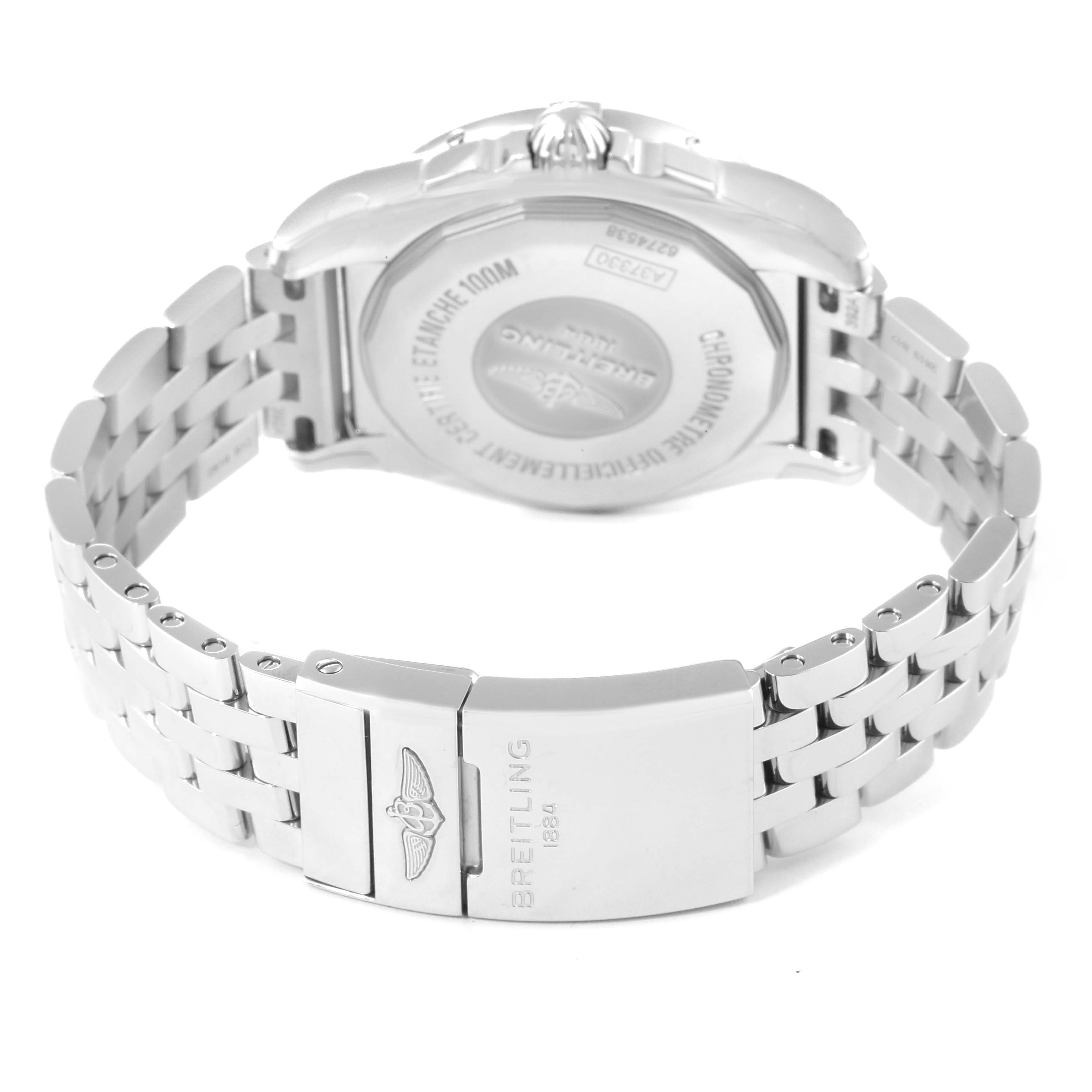 This image shows the back case and bracelet of the Breitling A37330 Women's Stainless Steel Mother of Pearl Dial A37330 Women's Stainless Steel Mother of Pearl Dial Galactic 36 MOP Dial Diamond Steel Ladies Watch A37330 Unworn model.