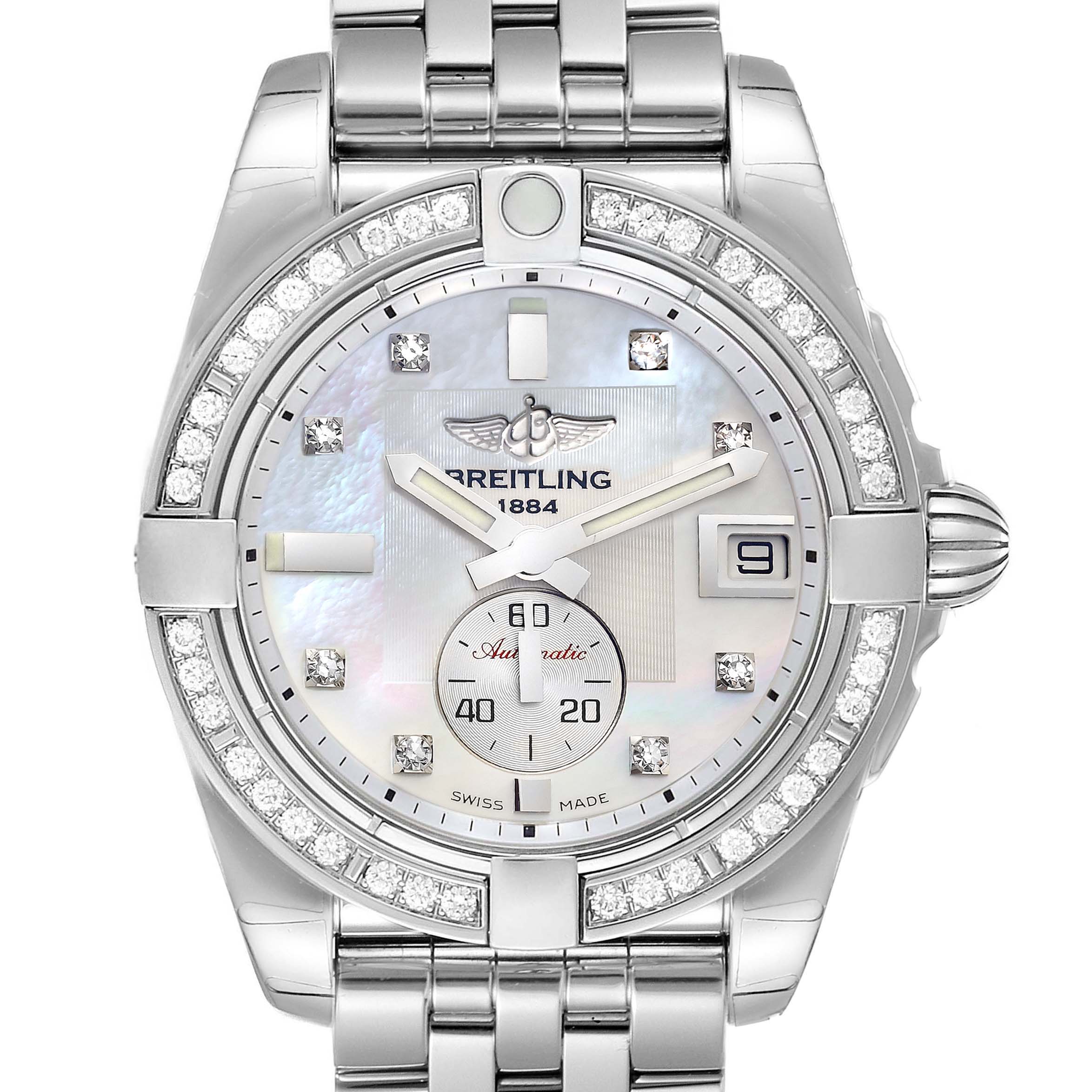 This image shows a front view of the Breitling A37330 Women's Stainless Steel Mother of Pearl Dial A37330 Women's Stainless Steel Mother of Pearl Dial Galactic 36 MOP Dial Diamond Steel Ladies Watch model A37330.