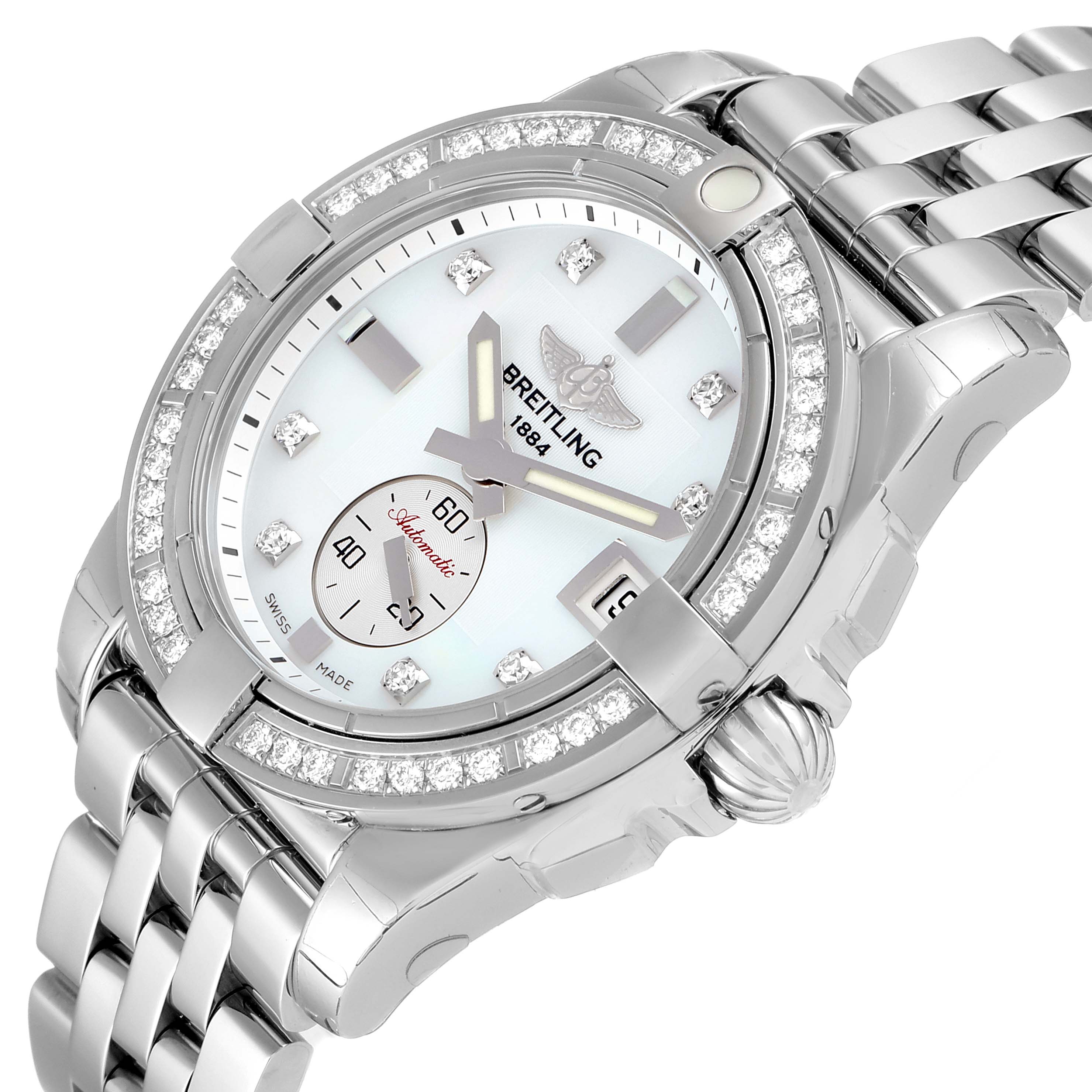The image shows a Breitling A37330 Women's Stainless Steel Mother of Pearl Dial A37330 Women's Stainless Steel Mother of Pearl Dial Galactic 36 MOP Dial Diamond Steel Ladies Watch A37330 at an angled front view, highlighting its diamond bezel and bracelet.