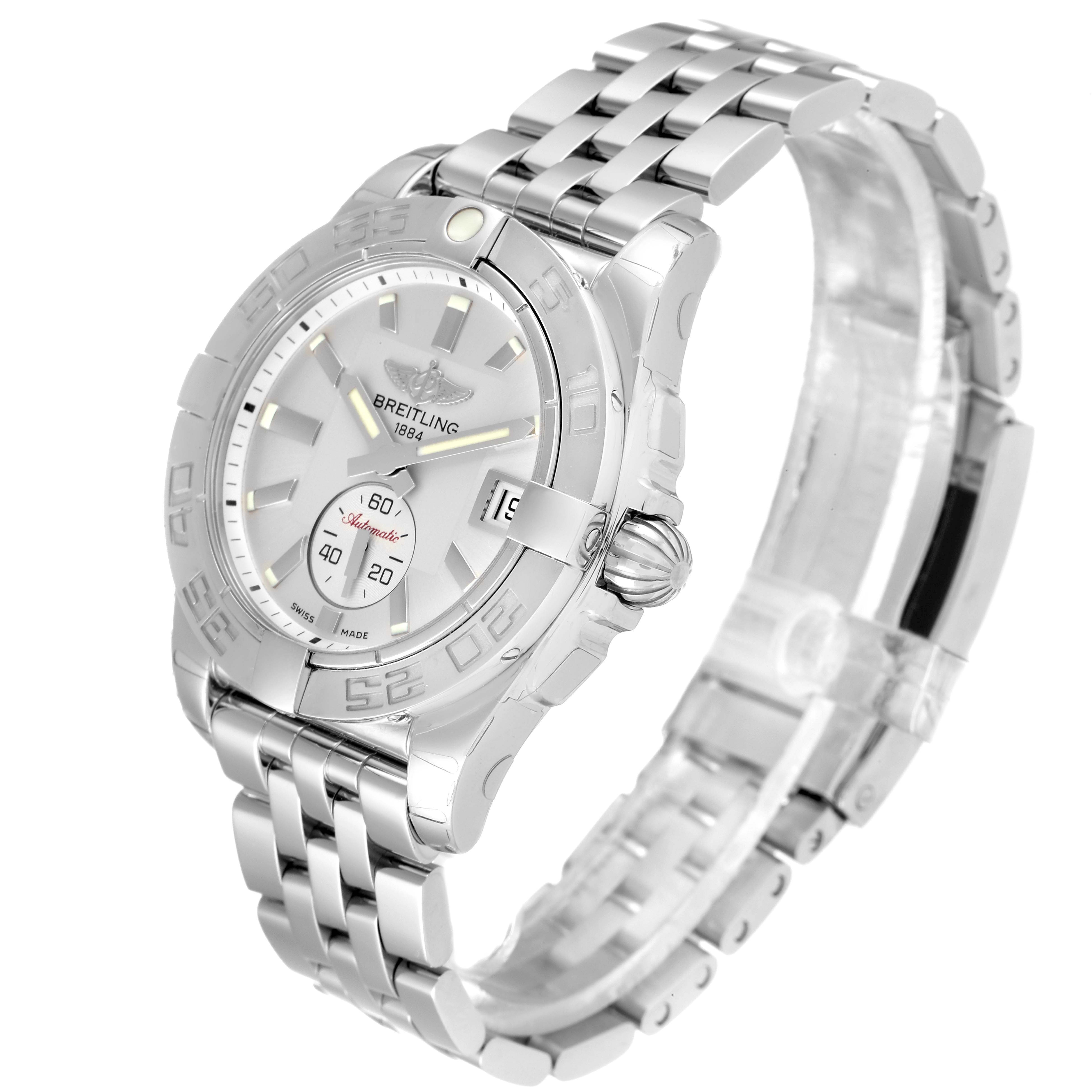 The image shows a Breitling A37330 Women's Stainless Steel Silver Dial A37330 Women's Stainless Steel Silver Dial Galactic 36 Silver Dial Steel Ladies Watch A37330 at a three-quarter angle, showcasing the dial, bezel, and bracelet.