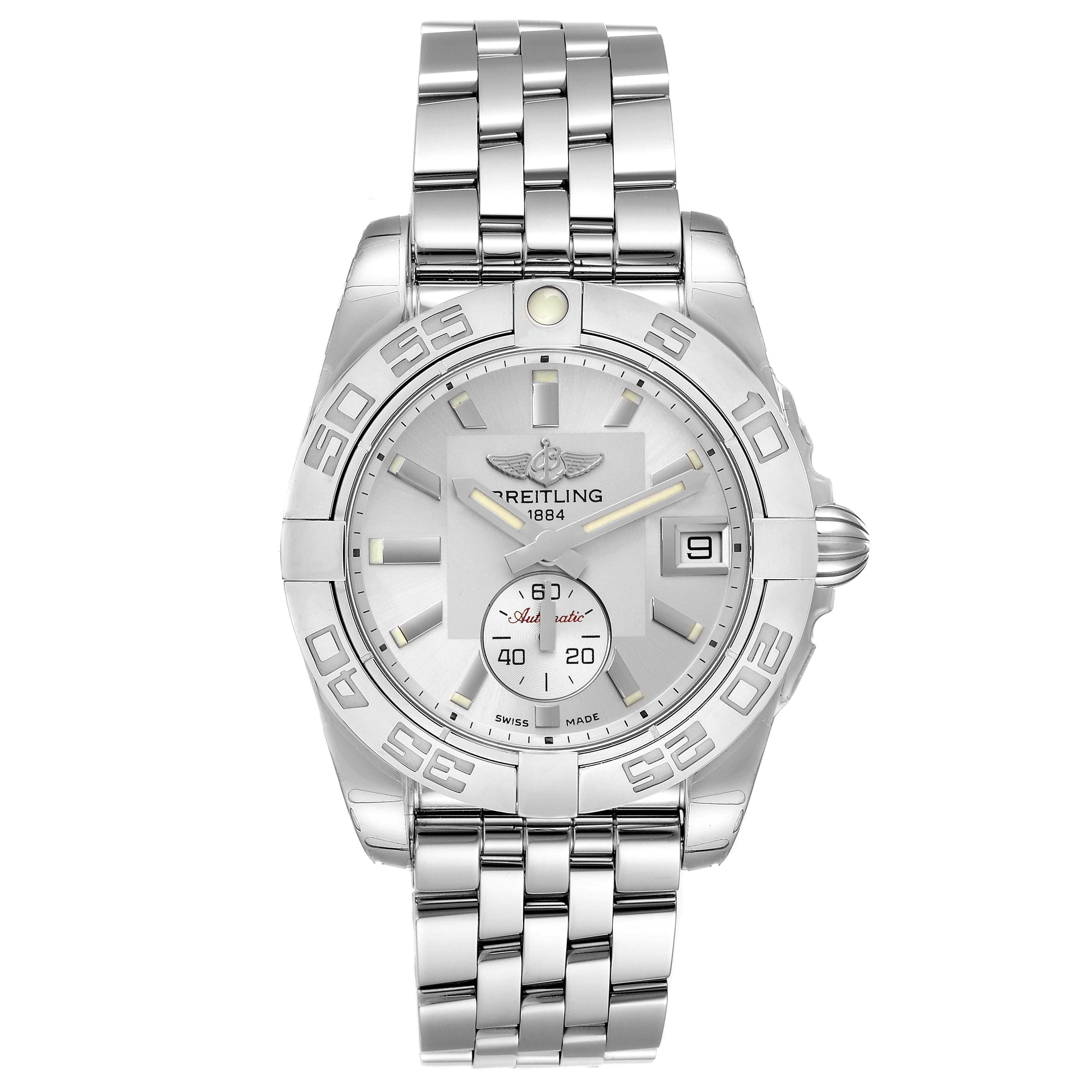 The Breitling A37330 Women's Stainless Steel Silver Dial A37330 Women's Stainless Steel Silver Dial Galactic 36 Silver Dial Steel Ladies Watch A37330 is shown from a front angle, displaying the face, bezel, and bracelet.