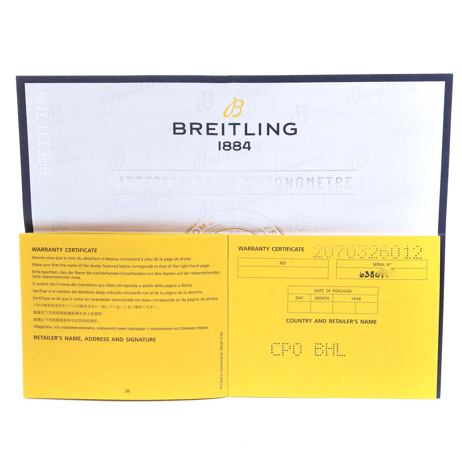 The image shows the warranty certificate and chronometer attestation certificate for a Breitling A37330 Women's Stainless Steel Silver Dial A37330 Women's Stainless Steel Silver Dial Galactic 36 Silver Dial Steel Ladies Watch A37330.