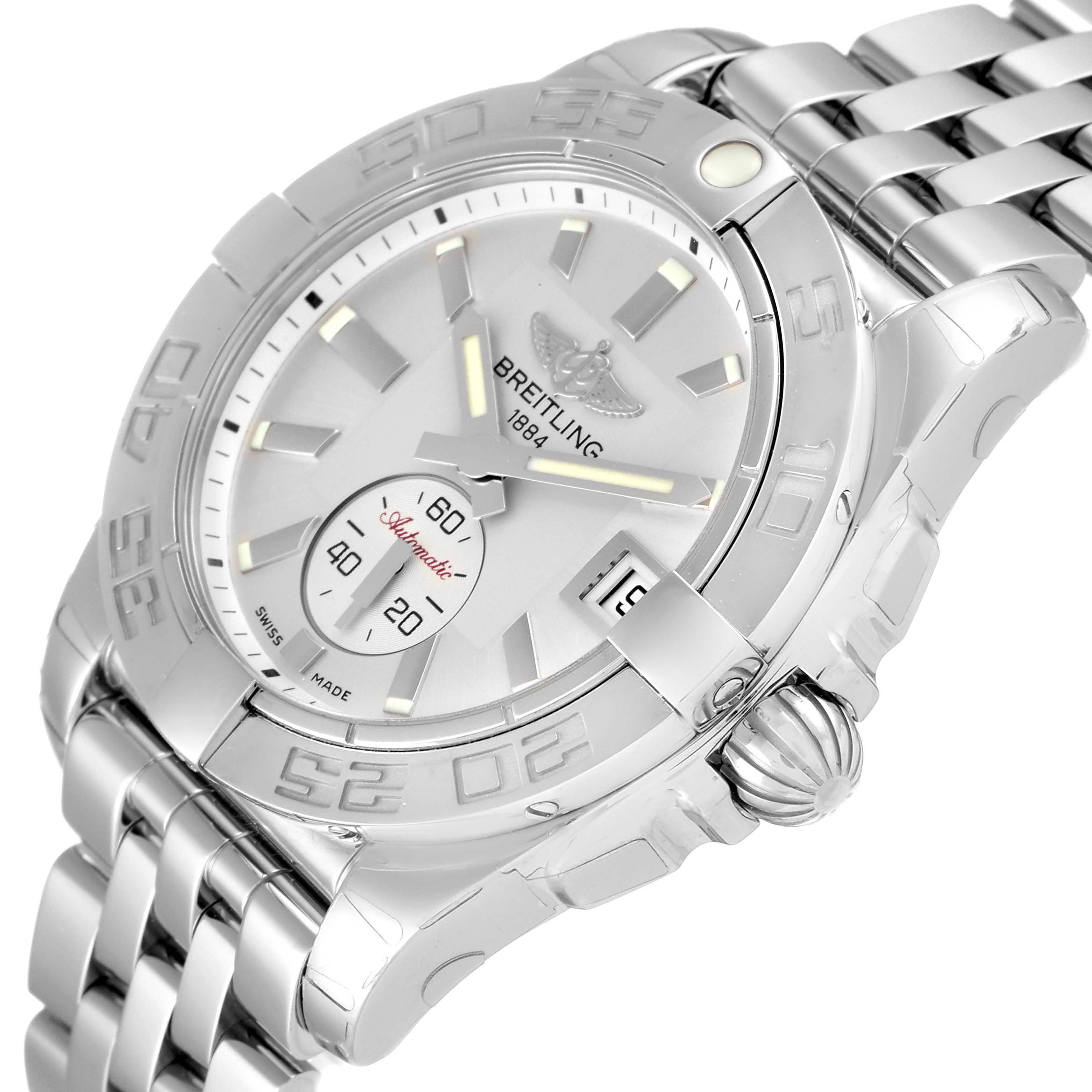 This image shows a close-up angle of the Breitling A37330 Women's Stainless Steel Silver Dial A37330 Women's Stainless Steel Silver Dial Galactic 36 Silver Dial Steel Ladies Watch A37330, highlighting its dial, bezel, and bracelet.