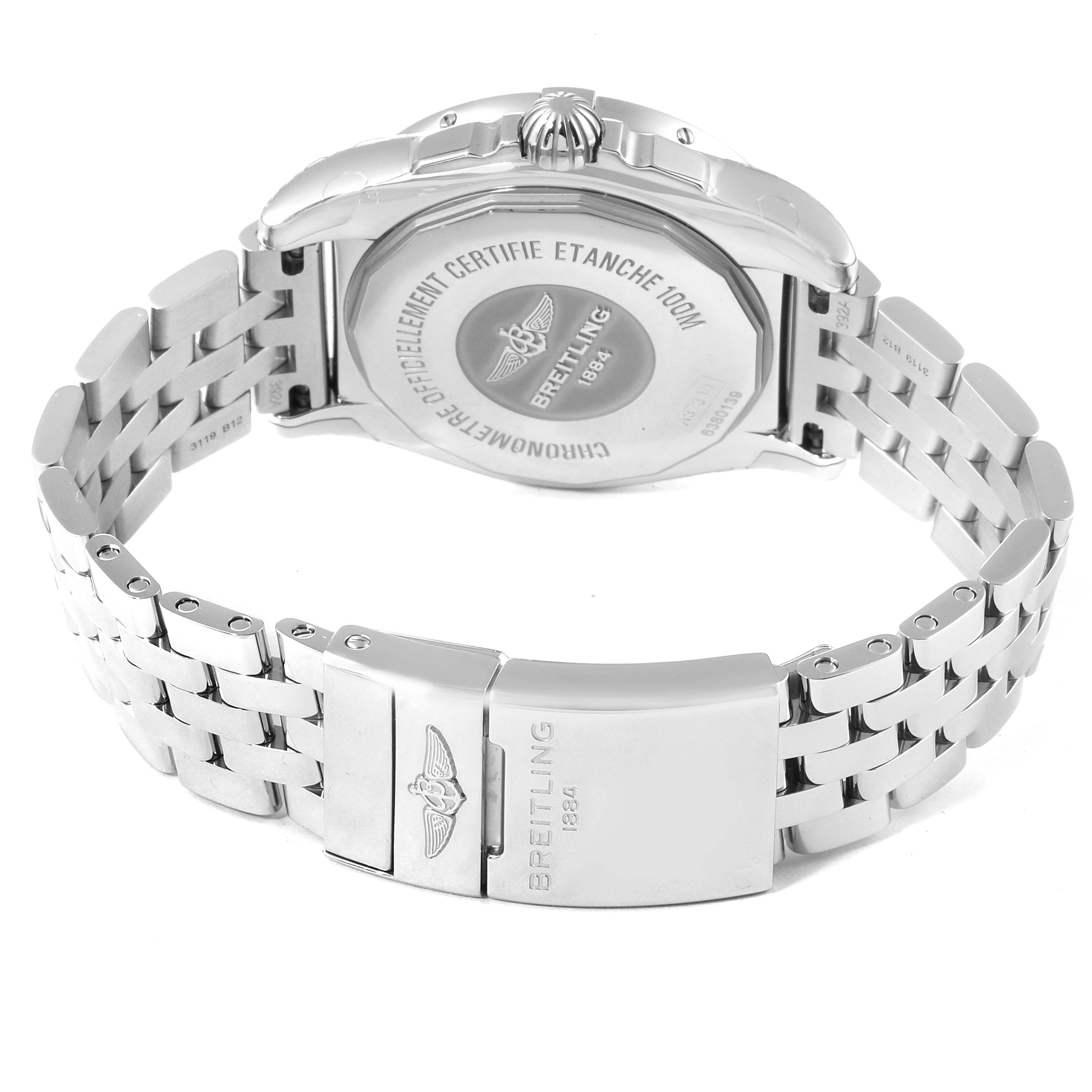 The Breitling A37330 Women's Stainless Steel Silver Dial A37330 Women's Stainless Steel Silver Dial Galactic 36 Silver Dial Steel Ladies Watch A37330 is shown from a rear angle, highlighting the clasp and case back.