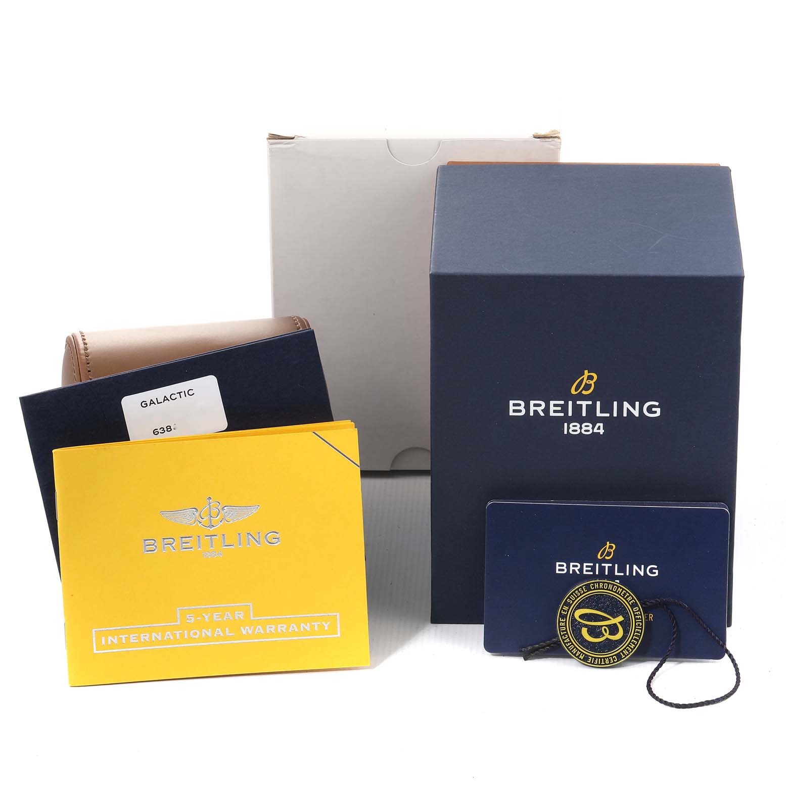The image shows the packaging and accessories of the Breitling A37330 Women's Stainless Steel Silver Dial A37330 Women's Stainless Steel Silver Dial Galactic 36 Silver Dial Steel Ladies Watch A37330.