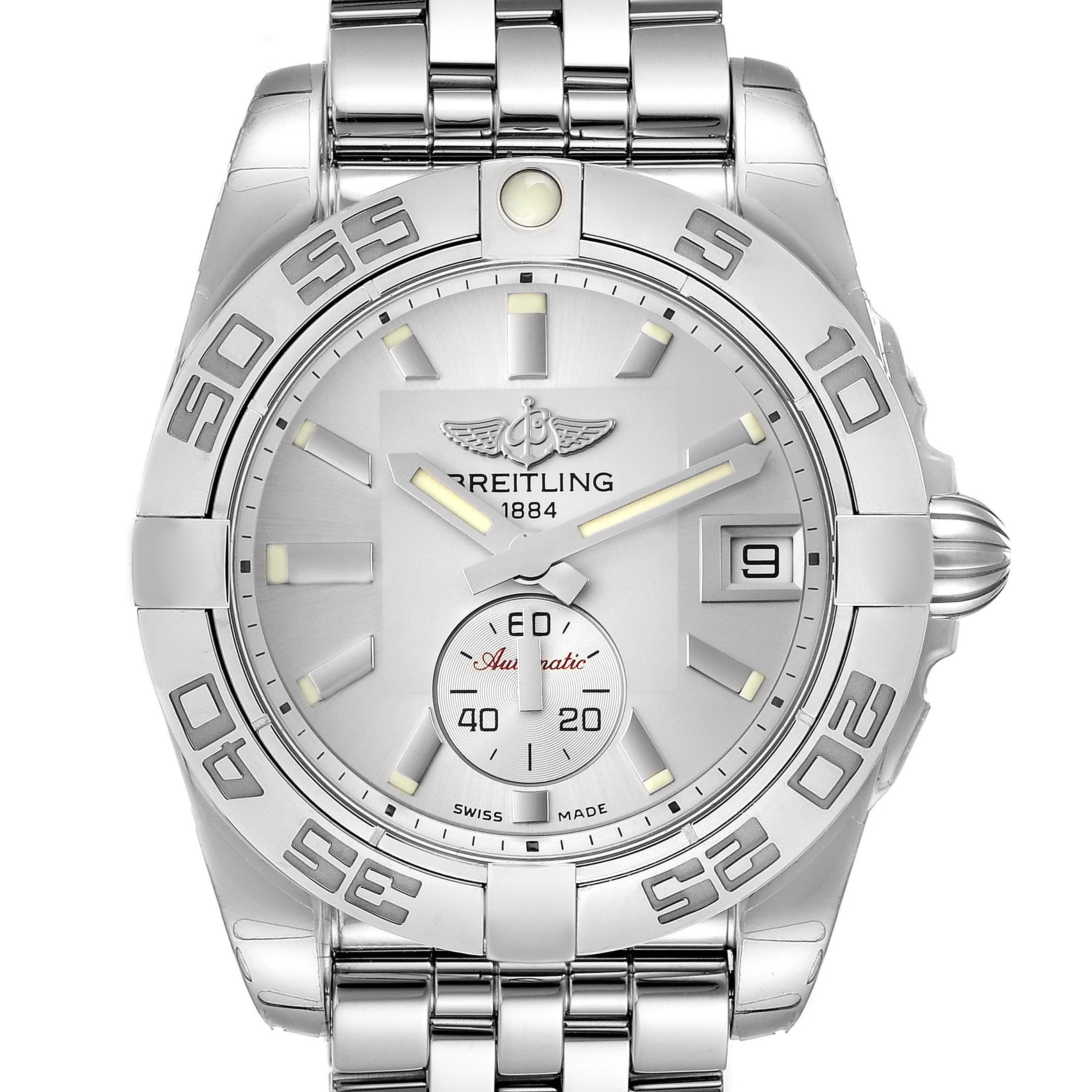 This Breitling A37330 Women's Stainless Steel Silver Dial A37330 Women's Stainless Steel Silver Dial Galactic 36 A37330 watch is shown from the front, highlighting its silver dial, bezel, and steel bracelet.