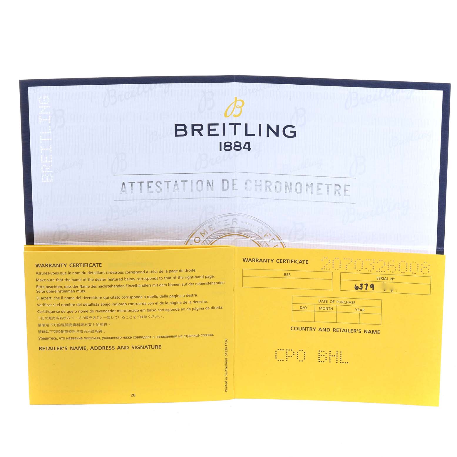 The image shows the warranty certificate for the Breitling A37330 Women's Stainless Steel Silver Dial A37330 Women's Stainless Steel Silver Dial Galactic 36 Silver Dial Steel Ladies Watch A37330 Unworn model.