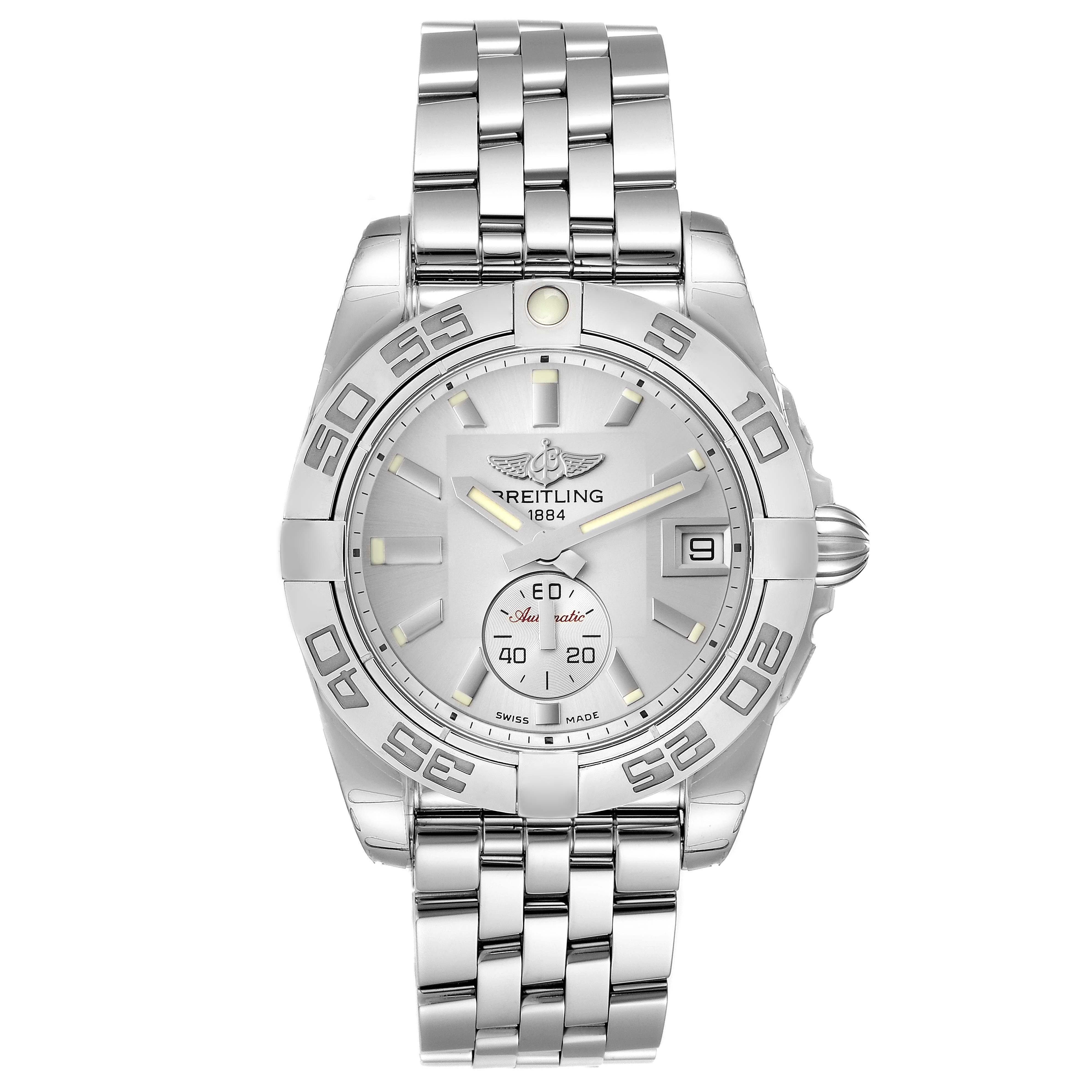 The image shows a front view of the Breitling A37330 Women's Stainless Steel Silver Dial A37330 Women's Stainless Steel Silver Dial Galactic 36 Silver Dial Steel Ladies Watch A37330.